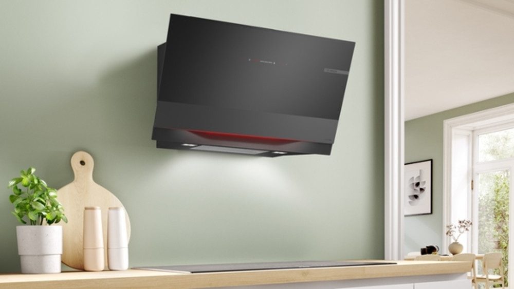 BOSCH Wandhaube DWK91LT65, Serie 8 Wandesse, 90 cm, Klarglas schwarz bedruckt EEK: A+ Serie Serie 8 DWK91LT65, Serie 8 Wandesse, 90 cm, Klarglas schwarz bedruckt EEK: A+