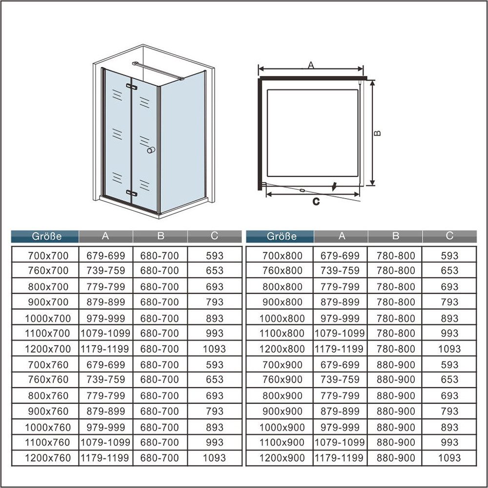 AICA Eckdusche ESG glas Falttür mit Seitenwand Scharniertür Duschkabine, BxT: 80x76 cm, Einscheibensicherheitsglas, Sicherheitsglas