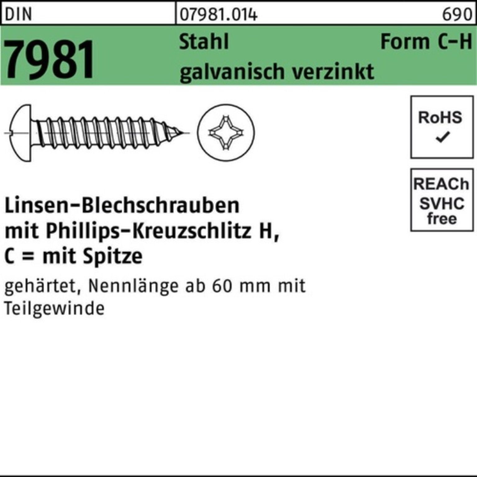 Reyher Blechschraube 500er Pack Blechschraube DIN 7981 LIKO PH C3,5x45-H Stahl galv.verz. S