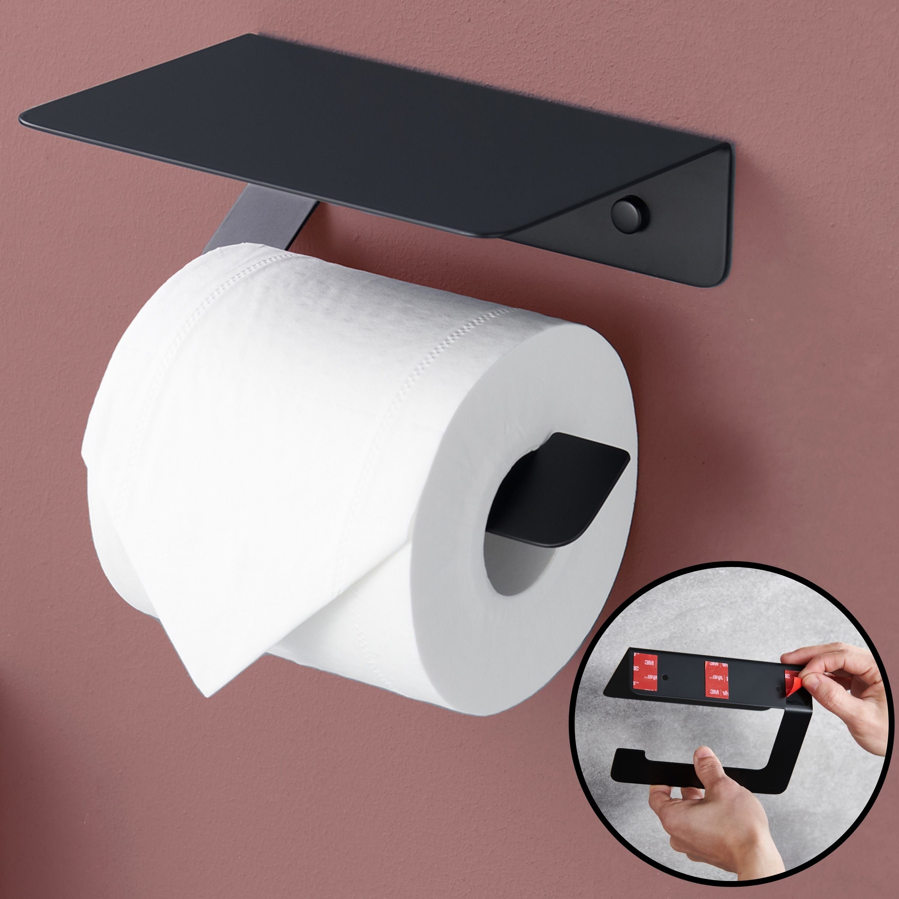 DEKAZIA Toilettenpapierhalter, Edelstahl Klopapierhalter schwarz Bohren mit oder Kleben schwarz-matt oder Ablage