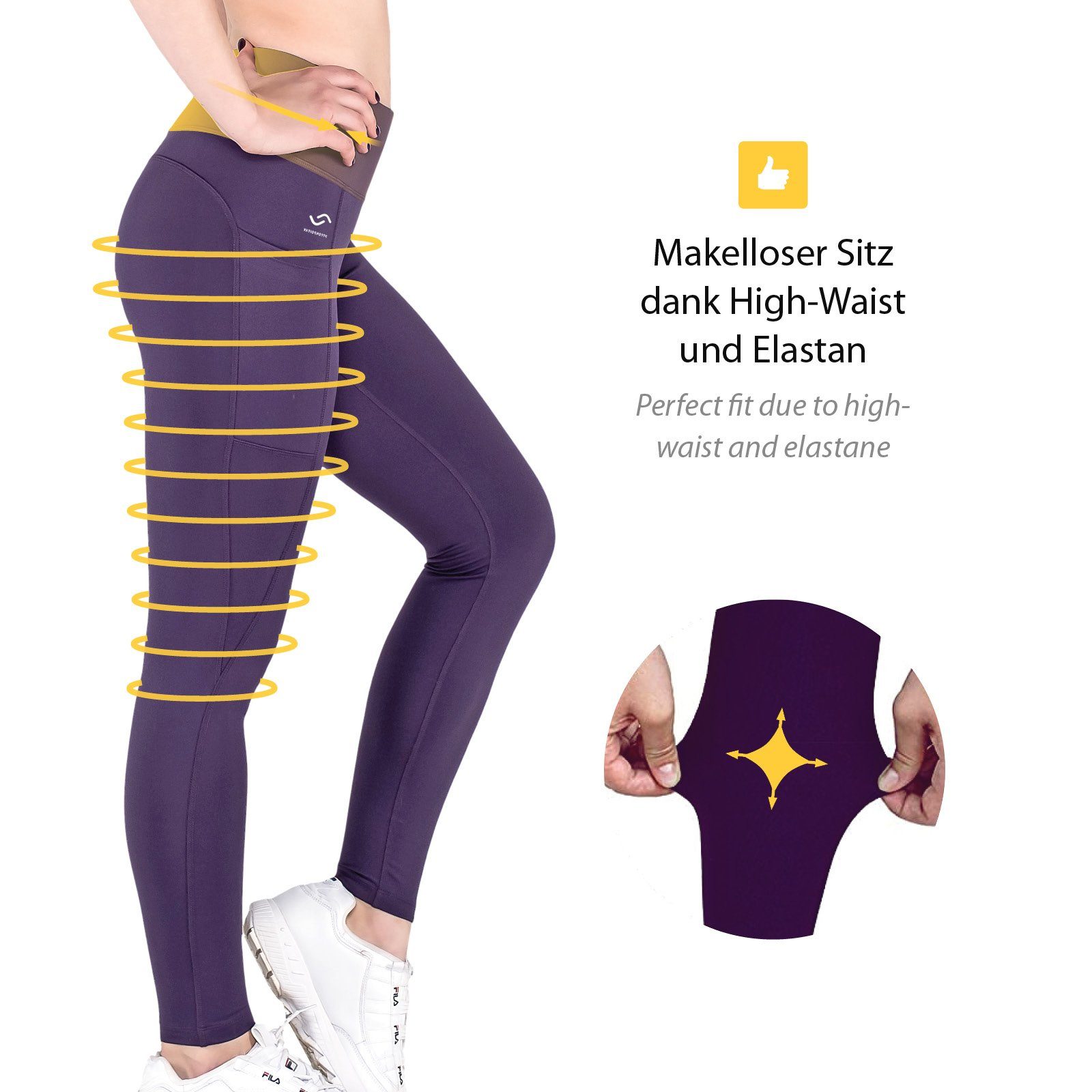 VS Variosports Yogaleggings Damen Yoga Leggings lang, 100% blickdicht, hoher Bund & Handytasche Damen Leggings blickdicht, Recycling Stoff, hoher Bund,4-Wege Stretch