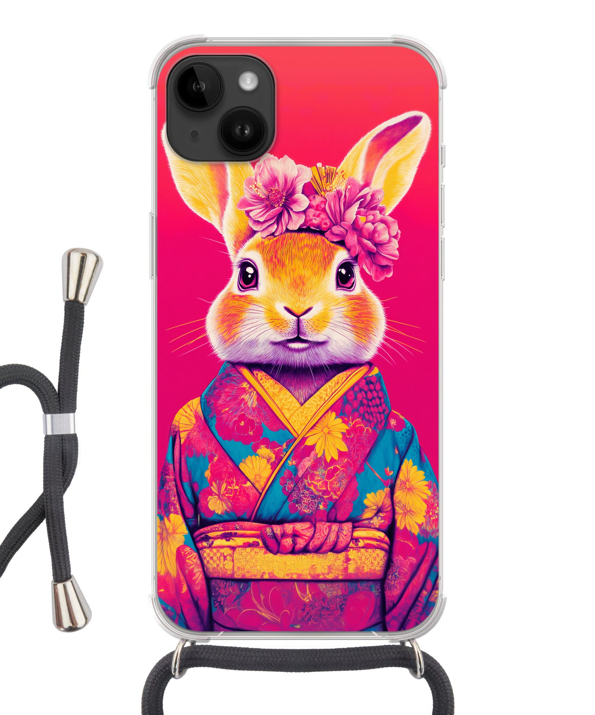 MuchoWow Handyhülle für Apple iPhone 14 Max Kaninchen - Blumen - Farbenfroh - Kimono, Tragbare Handyhüllen mit Kette zum umhängen, Handykette Handyband