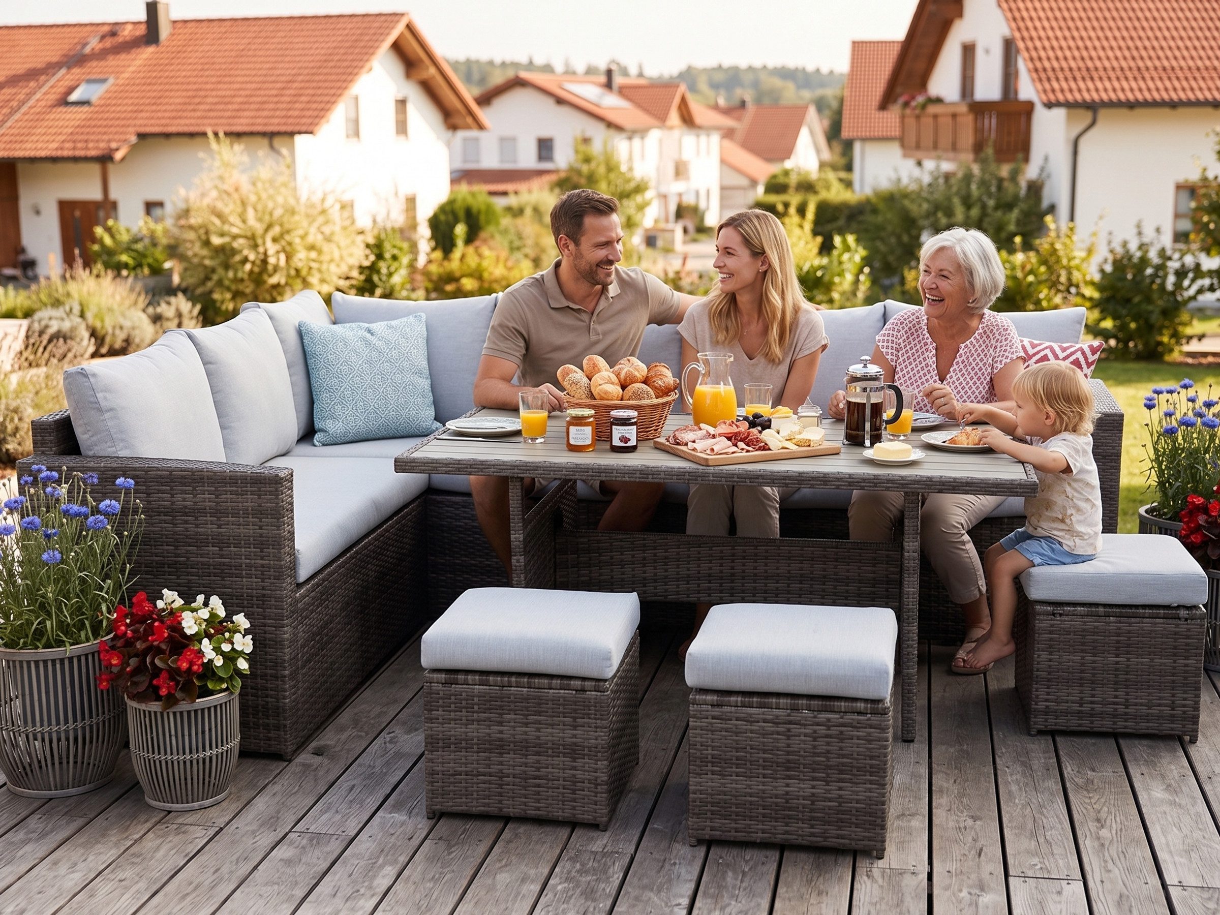 MeXo Loungeset Gartenlounge Set für 8 Personen wetterfest, (Esstisch breit 132x76x67cm, 7-tlg., Belastbarkeit pro Sitzplatz bis zu 140kg), Ecklounge, pflegeleichte Polywood-Tischplatte, Polyrattan/Stahl