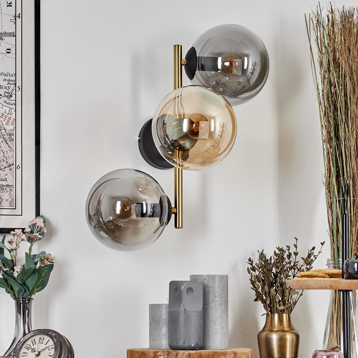 hofstein Wandleuchte Wandlampe aus Metall/Glas in Schwarz/Gold/Bernstein/Rauch, moderne Wandleuchte im Retro/Vintage-Design (Schirme 15 cm), E14
