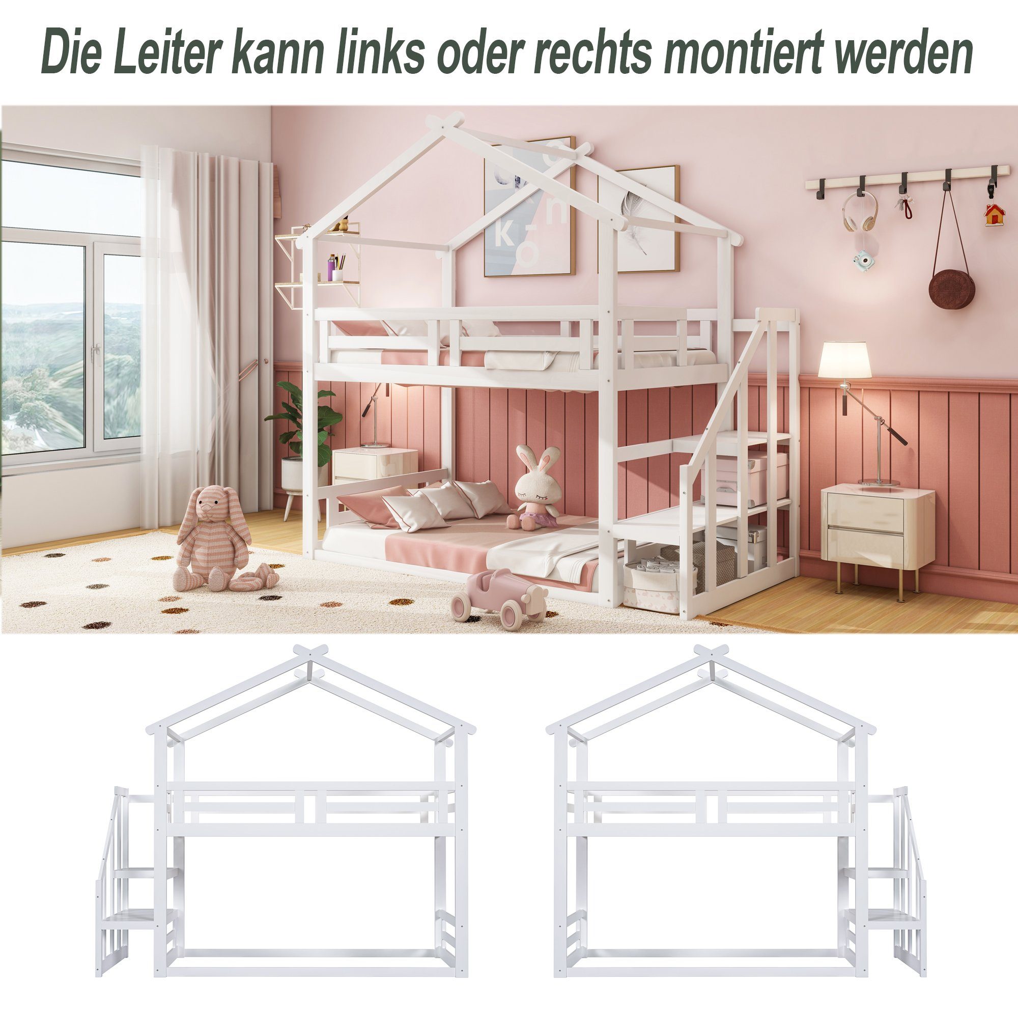 2 Rausfallschutz, inkl. Kinderbett und Etagenbett Kiefer, mit Schlafgelegenheiten, Hausbett cm), Treppe (90x200 Lattenrost Holzbett aus SOFTWEARY