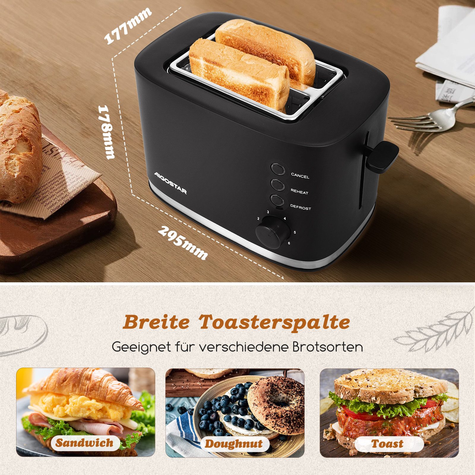 Aigostar Toaster Toaster 2 Scheiben, extra breite Toastschlitze, 6 Bräunungsstufen,800W