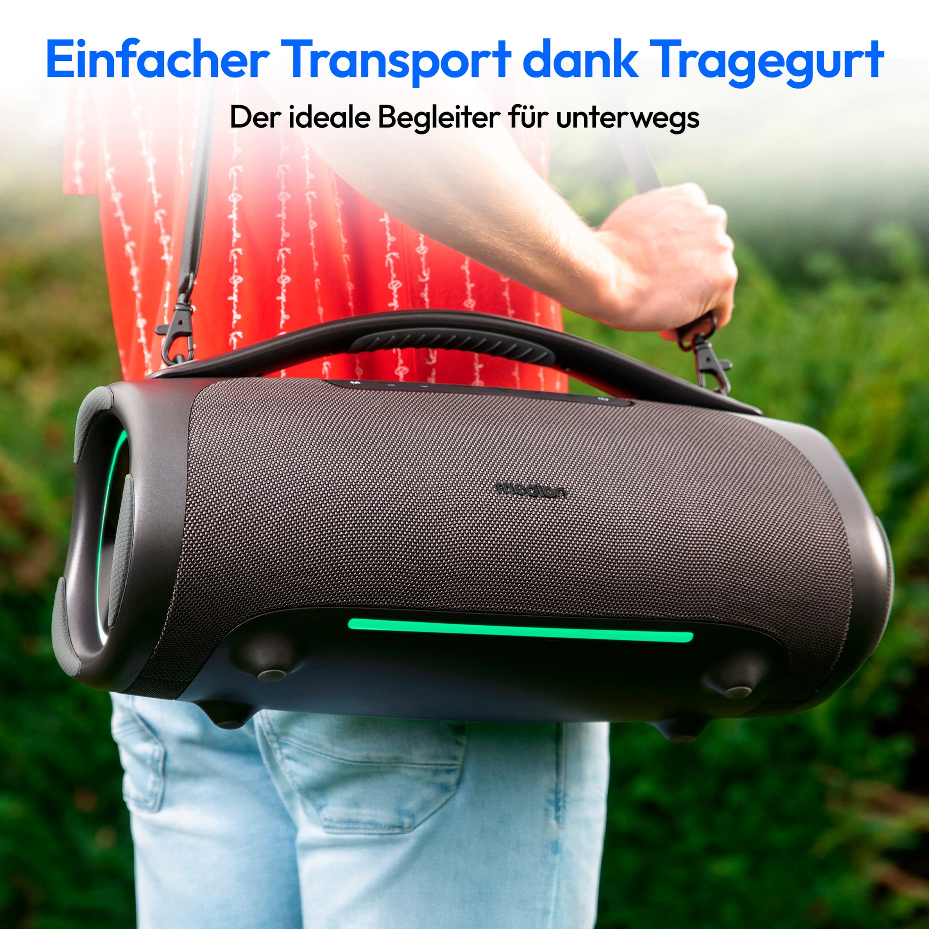 Medion® LIFE® P61768 (MD43768) XL Bluetooth-Lautsprecher (A2DP Bluetooth, AVRCP Bluetooth, Bluetooth, 100 W, tragbar, Akku, Bass Boost, Musikbox, RGB, IPX7, Powerbank, Anthrazit)