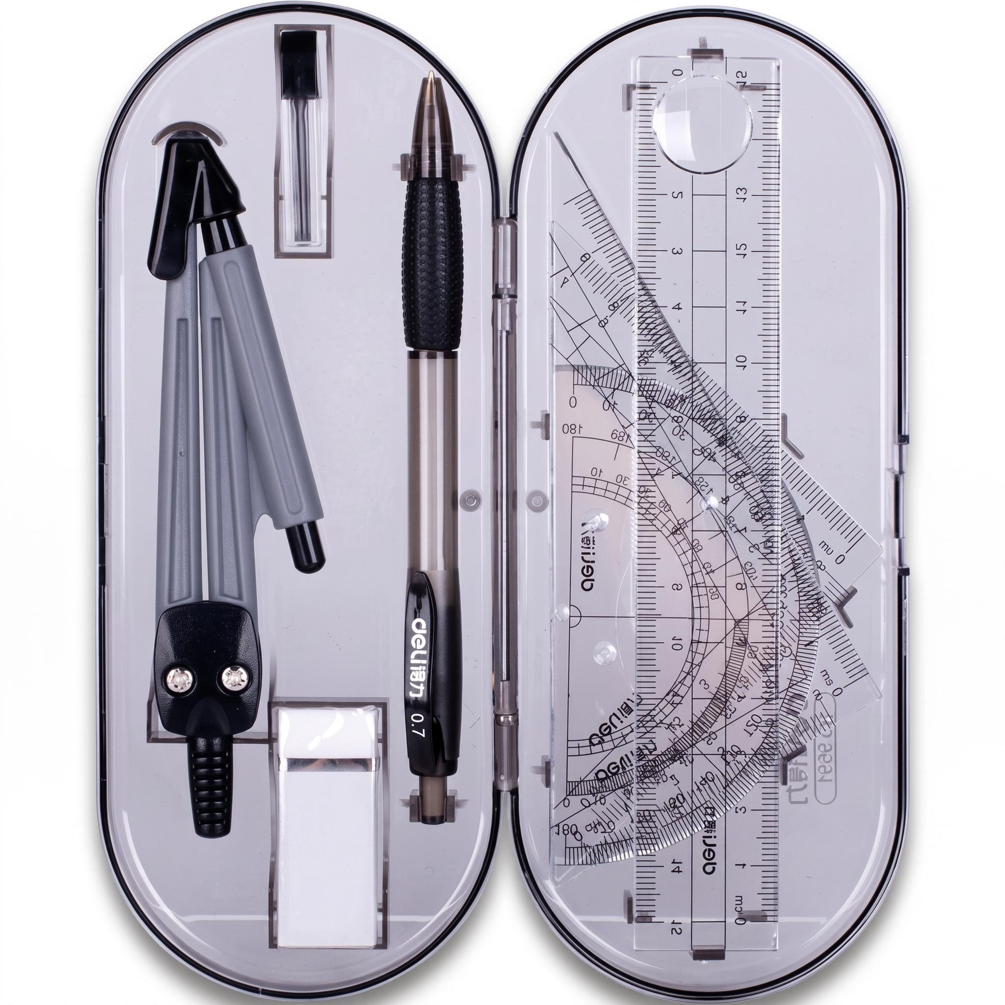GarveeMore Geodreieck Geometrie-Set 8-teilig – Zirkel, Lineal, Dreiecke, Winkelmesser, Zirkel mit integriertem Minenstift – robustes Metall, Box – Bild 2 von 5