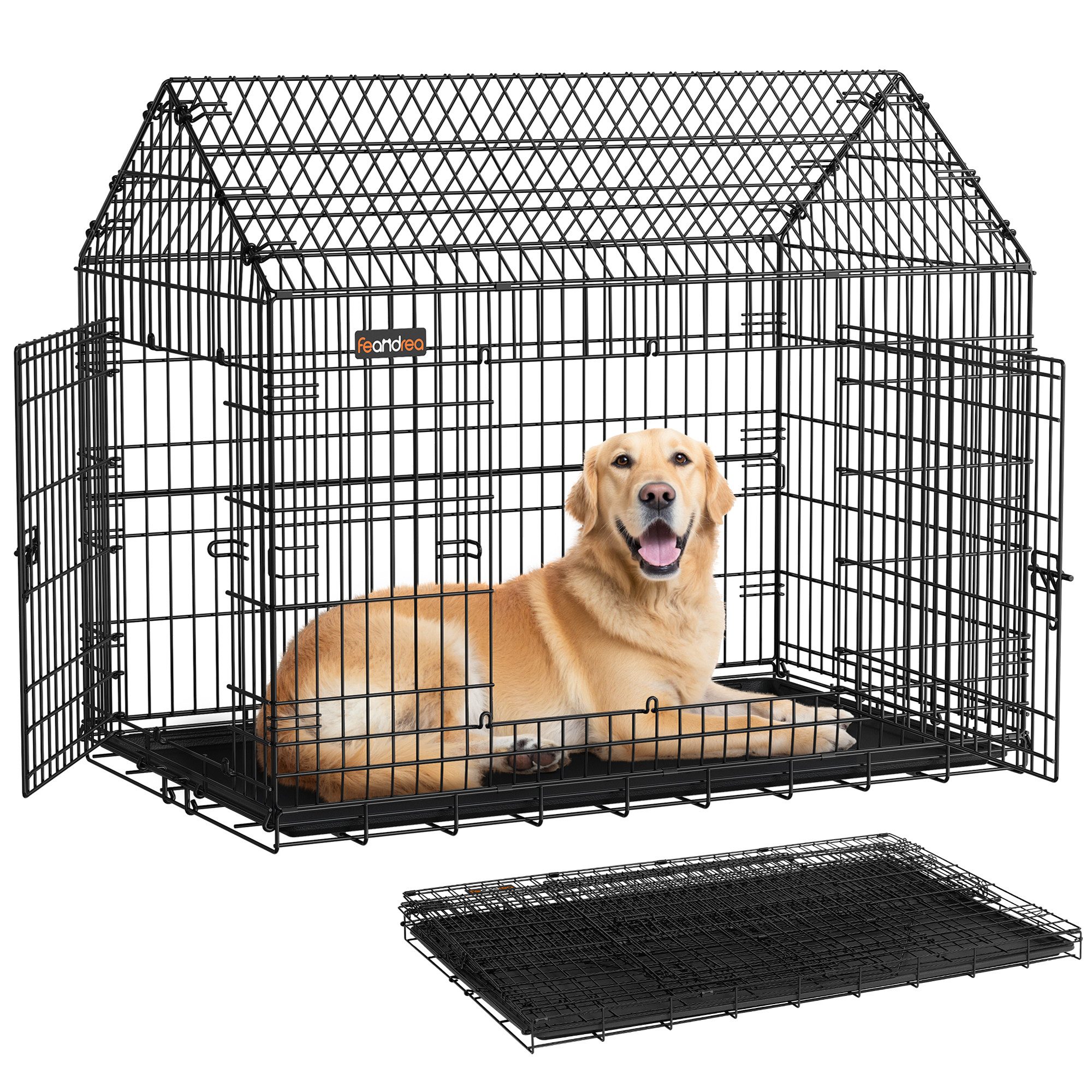 FEANDREA Hunde-Transportbox Hundebox, 120 x 72,5 x 109 cm, Metall, Haustierkäfig faltbar, für große Hunde, mit Doppeltür, leicht zu reinigen, für Zuhause, Auto