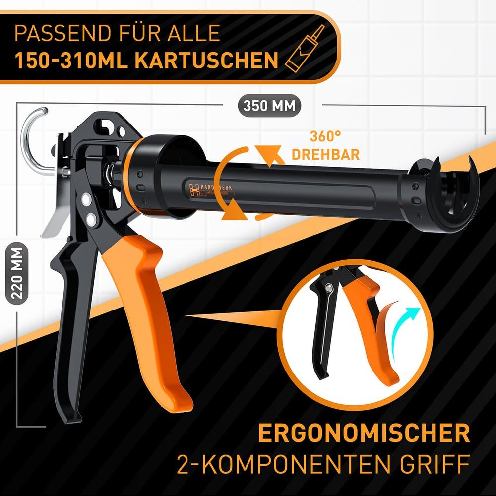 Hardtwerk® Kartuschenpistole 360° drehbar mit Cutter, Silikon Acryl Klebstoffe präzise dosieren Verfugen Reparaturen – Bild 4 von 5