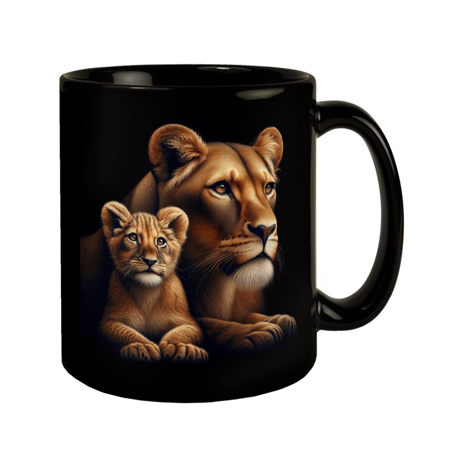 Tasse Löwin mit Babylöwe Tasse in Schwarz