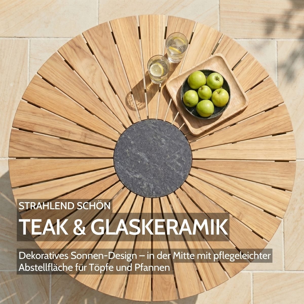 Liadomo Gartentisch Atina Esstisch, Outdoor-Tisch, rund, Teak, mit Ablage für Töpfe (Kreuzkufen-Gestell, Ø 110 cm), Teakholz, Glaskeramik-Einlage, Edelstahl dunkelgrün