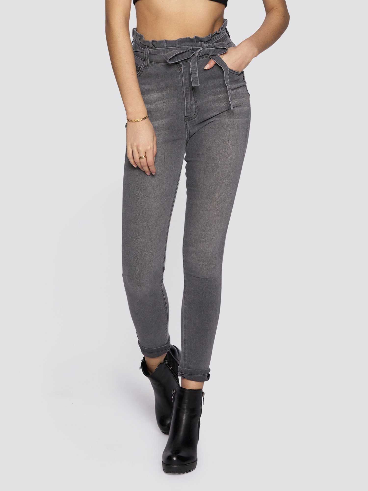 grau High-waist-Jeans Bindegurt Jeans mit Freshlions