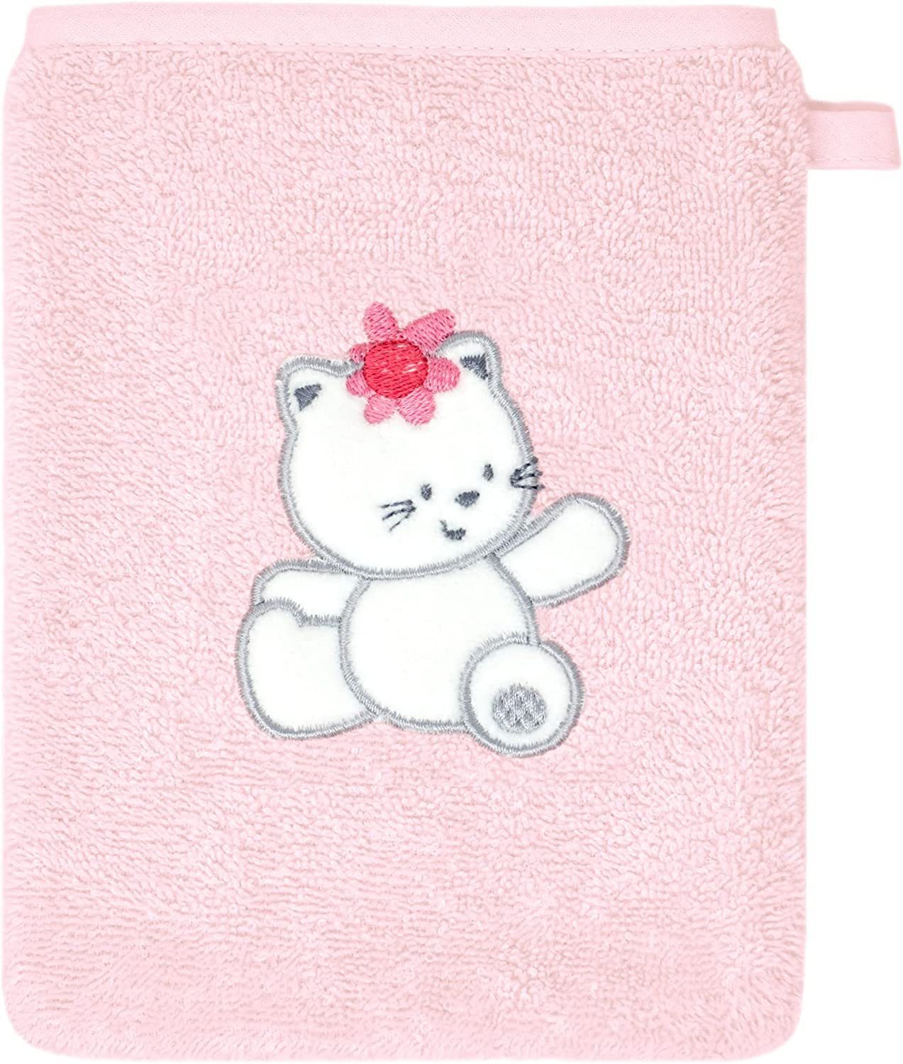 Baby Katze rosa 2-tlg), (Set, cm Lashuma Waschhandschuh Handtuchset besticktes 15x21