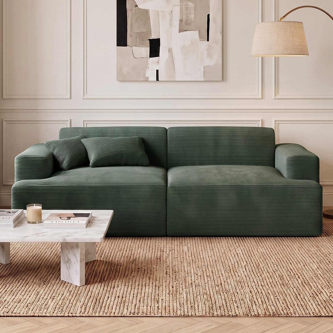 skølm Sofa Freki aus Cord, Vollschaumcouch mit Federkern und Vakuum-Kompression, Dunkelgrün, Couch 2 Sitzer mit 2 Kissen, kein Aufbau erforderlich, 230 cm breit, gepolstert, vakuumiert