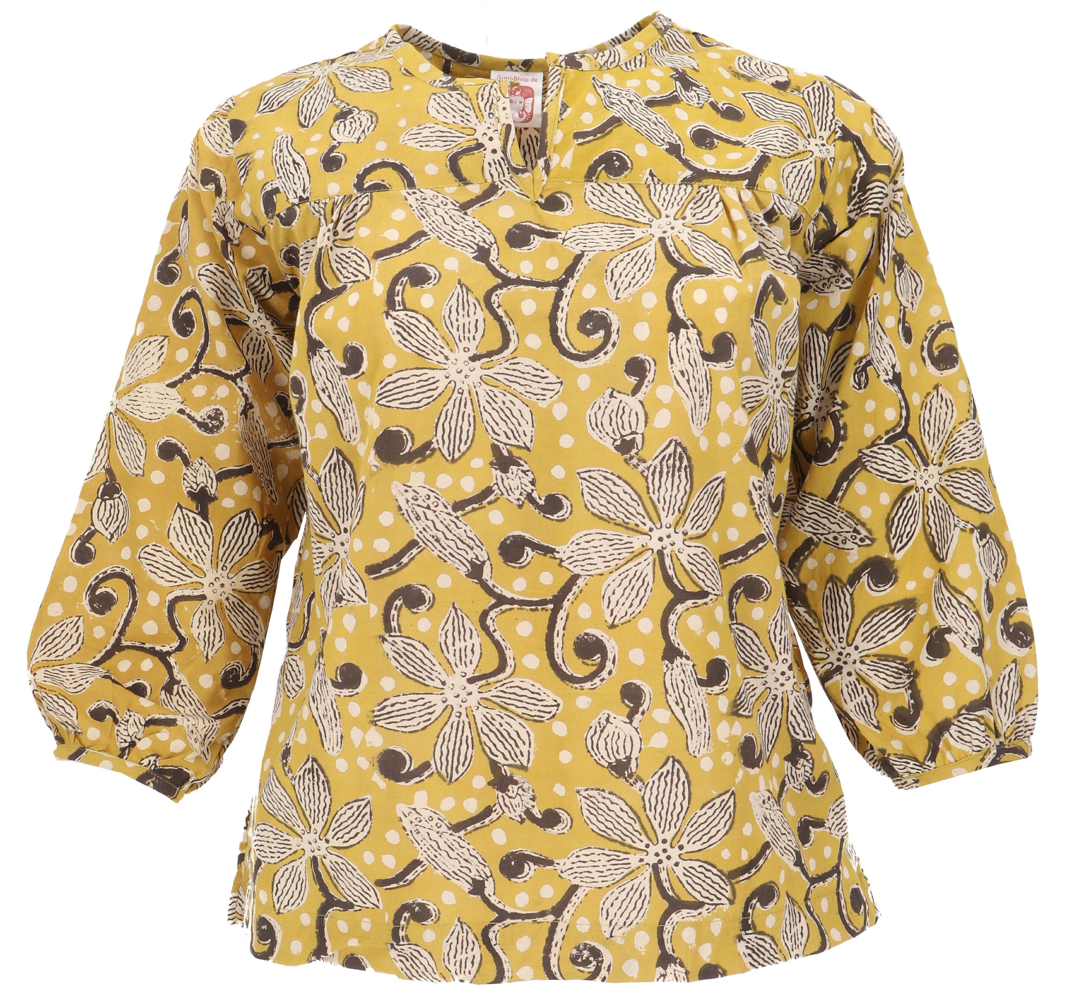 Guru-Shop Longbluse Leichte Baumwollbluse, Boho Schlupfbluse mit.. alternative Bekleidung