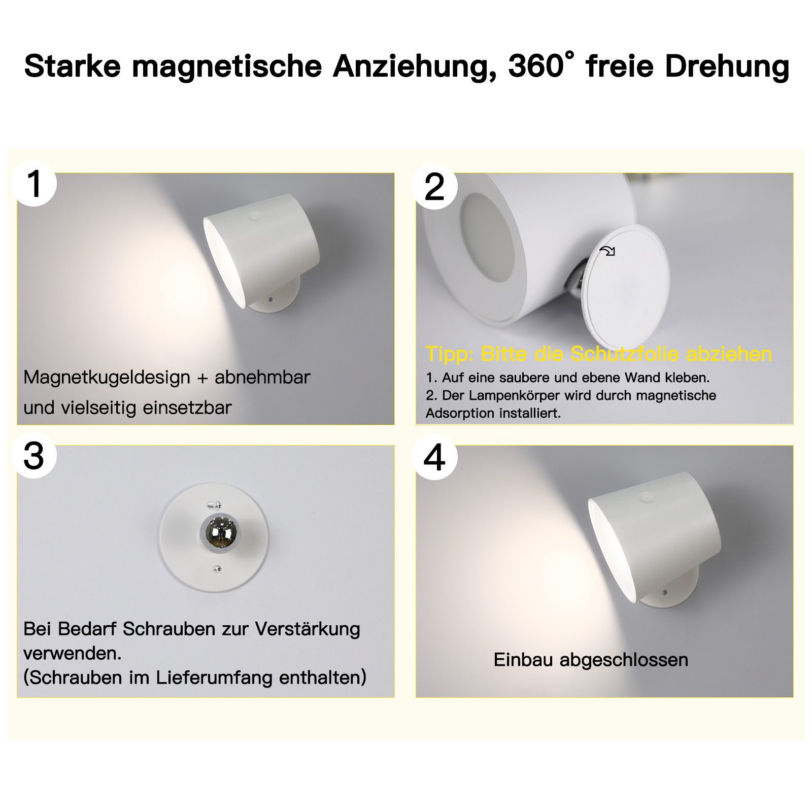 Nettlife LED Wandleuchte Wandlampe Touch 3 Helligkeitsstufen Kabellose, 360° Drehbar, LED fest integriert, Warmweiß Neutralweiß Kaltweiß, Wohnzimmer Kinder Wohn – Bild 5 von 5
