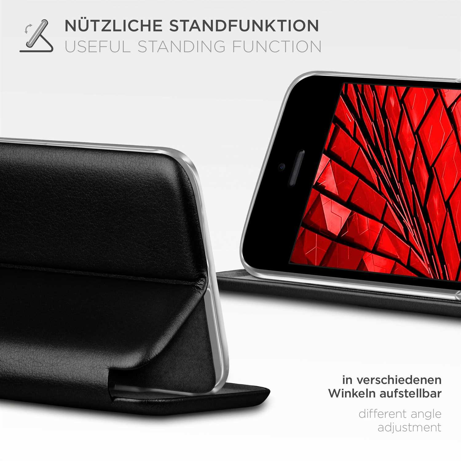ONEFLOW Handyhülle für iPhone SE (2016) Premium Hülle Business Cover Schwarz 4 Zoll, 360 Grad Schutzhülle Flip Case Etui Klapphülle Dünn Leder Handy Tasche