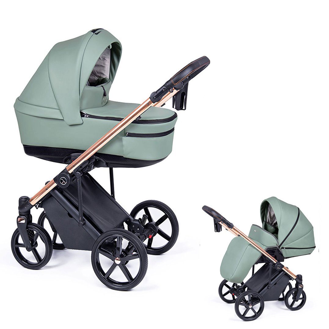 babies-on-wheels Kombi-Kinderwagen 2 in 1 = Gestell Grün Designs 21 Kinderwagen-Set - in 14 Eco - Fado Teile gold