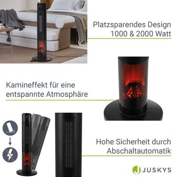 Juskys Heizlüfter Turm-Keramik-Heizer 1000/2000W in Schwarz, 2000 W, 2 Leistungsstufen, 50° Oszillation, LCD, Fernbedienung, Kamineffekt