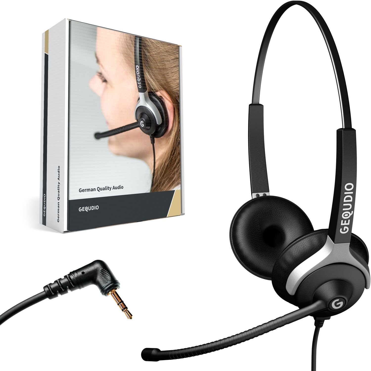 GEQUDIO für Gigaset, Panasonic, Grandstream, Polycom Telefone mit 2,5mm Klinke Headset (2-Ohr-Headset, 80g leicht, Bügel aus Federstahl, mit Wechselverschluss für mehrere Endgeräte, inklusive Anschlusskabel)