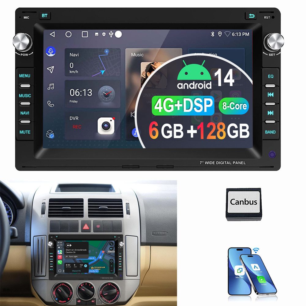 ESSGOO 6+128G 8-Kern Für VW Polo 9N Golf 4 Passat B5 T5 Android 14 Autoradio Autoradio (Digitalradio (DAB), FM, AM, RDS, 4G LTE DSP Carplay Android Auto Navi)