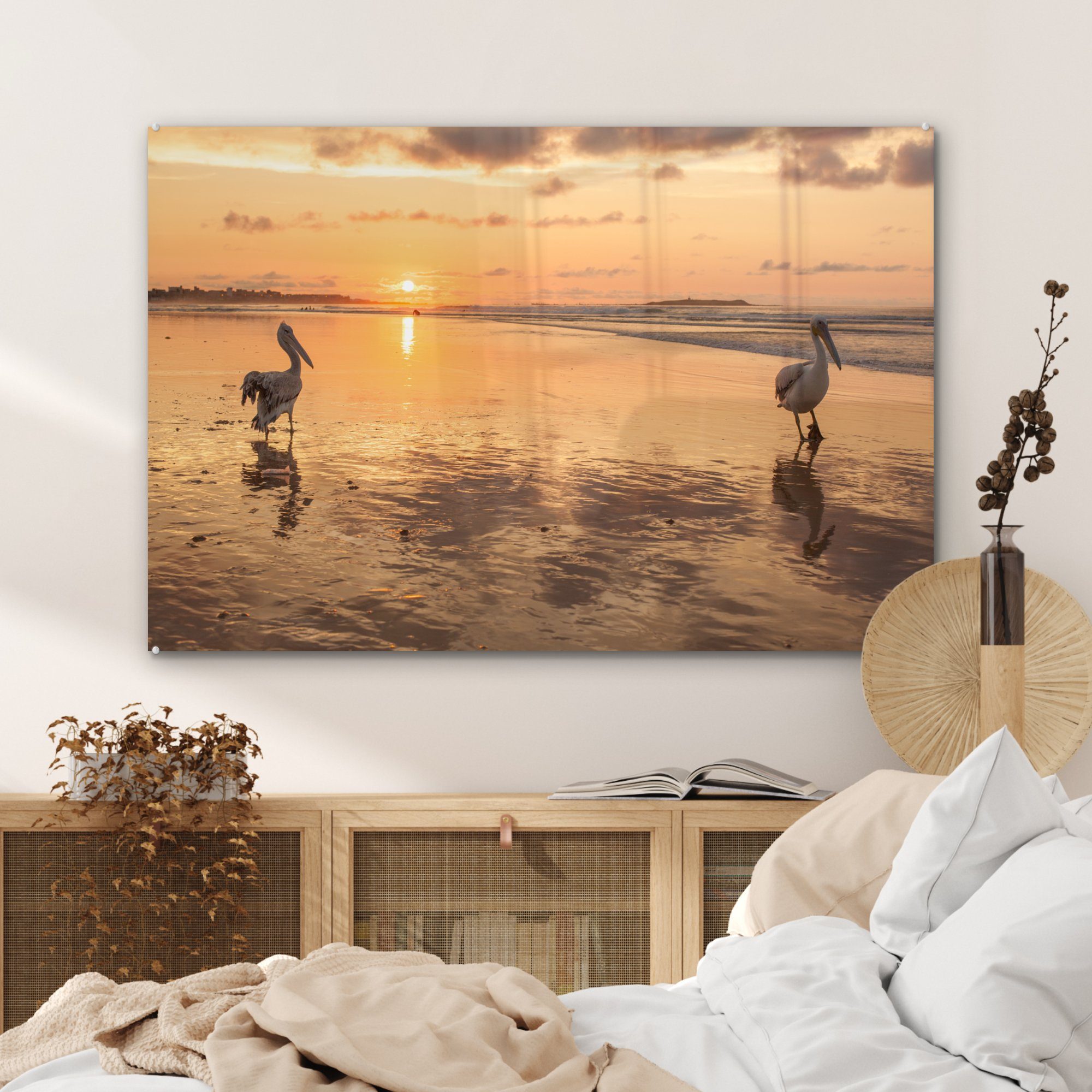 (1 MuchoWow - Acrylglasbilder Wohnzimmer Pelikan St), Acrylglasbild Meer, Sonne Schlafzimmer - &