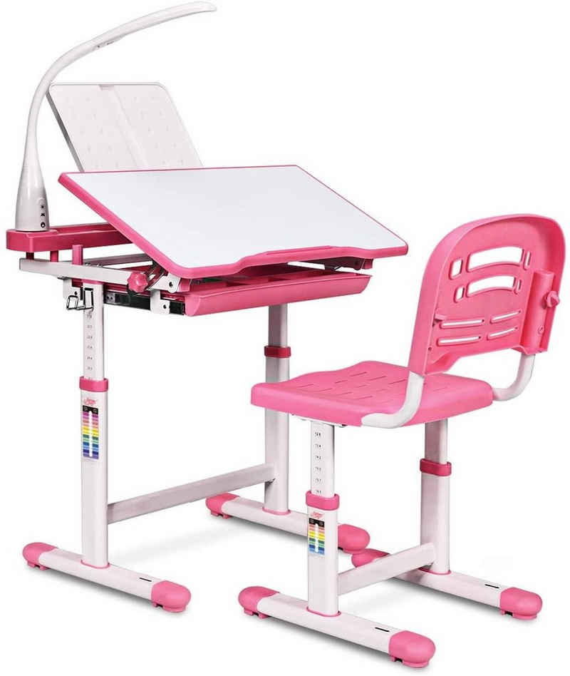 COSTWAY Kinderschreibtisch »Kinderschreibtisch-Set«, neigungsverstellbar, Kindertisch mit Stuhl, Schreibtisch mit Schublade, Rosa