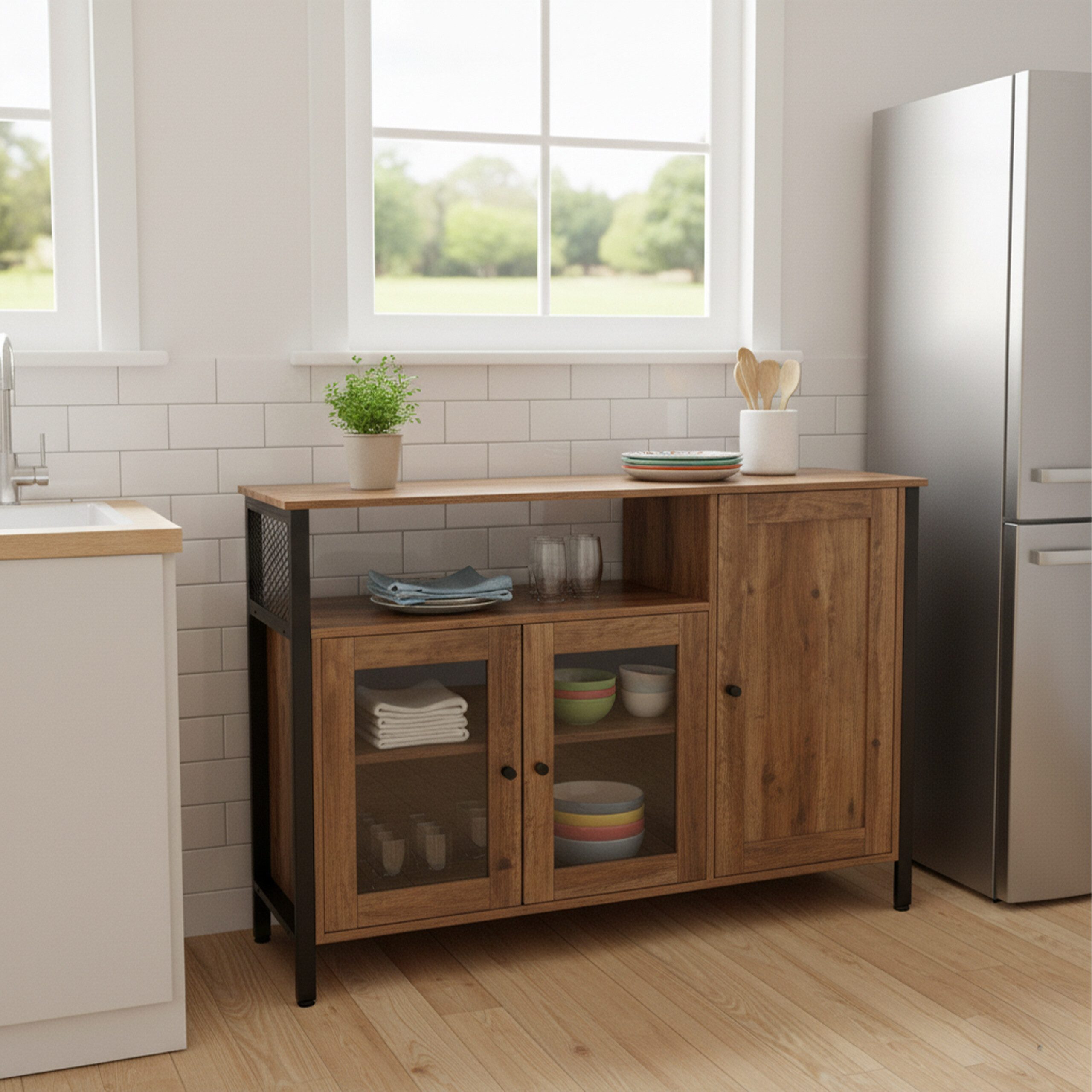 relaxdays Küchenbuffet Küchenschrank mit Glastüren Holzoptik-Schwarz günstig online kaufen