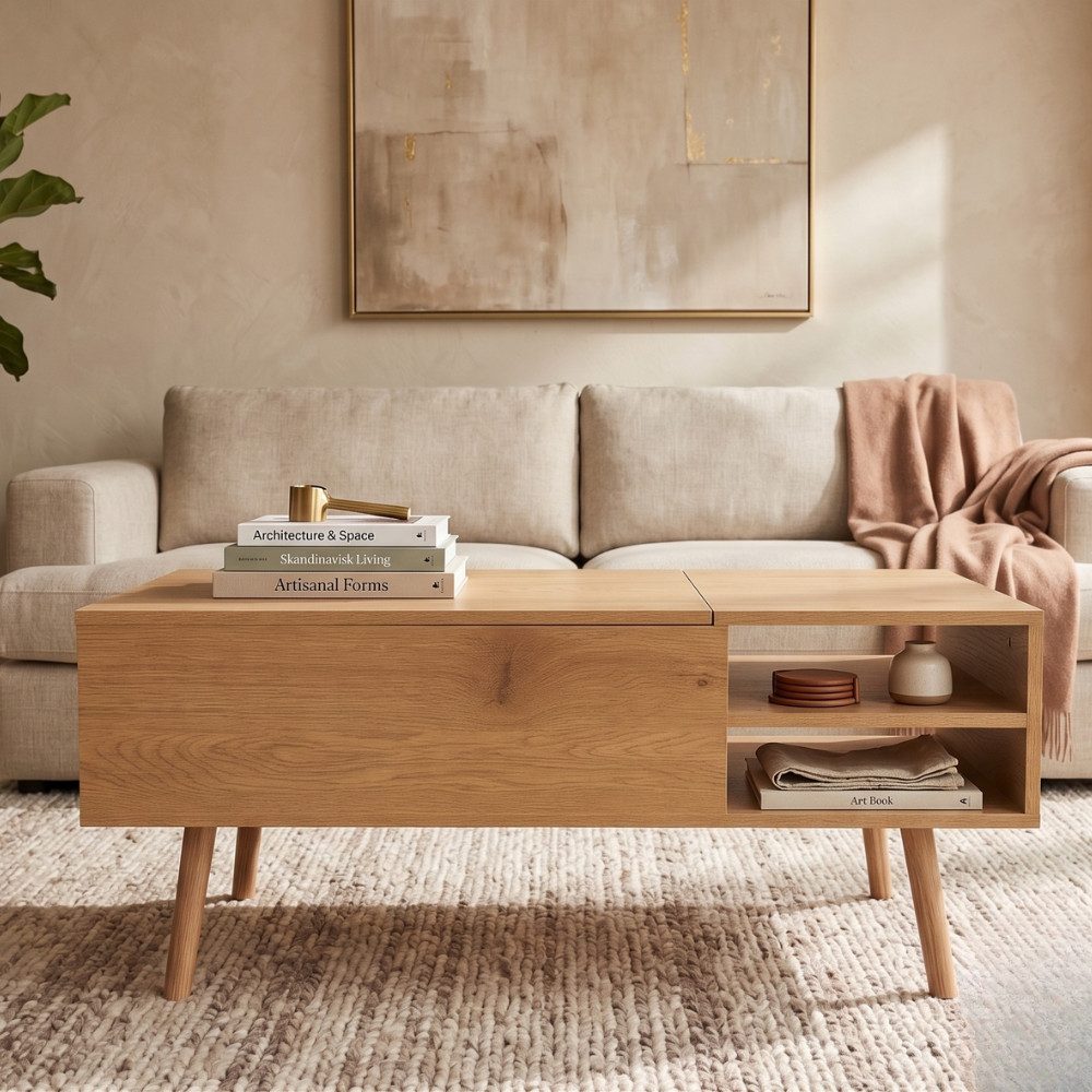alesvelt Couchtisch MALMÖ mit Lift-Top Funktion & verstecktem Stauraum, 100x50 cm (1-Tisch), 100x50x45 cm, Lift-Up, Versteckes Fach, vielseitig Einsetzbar