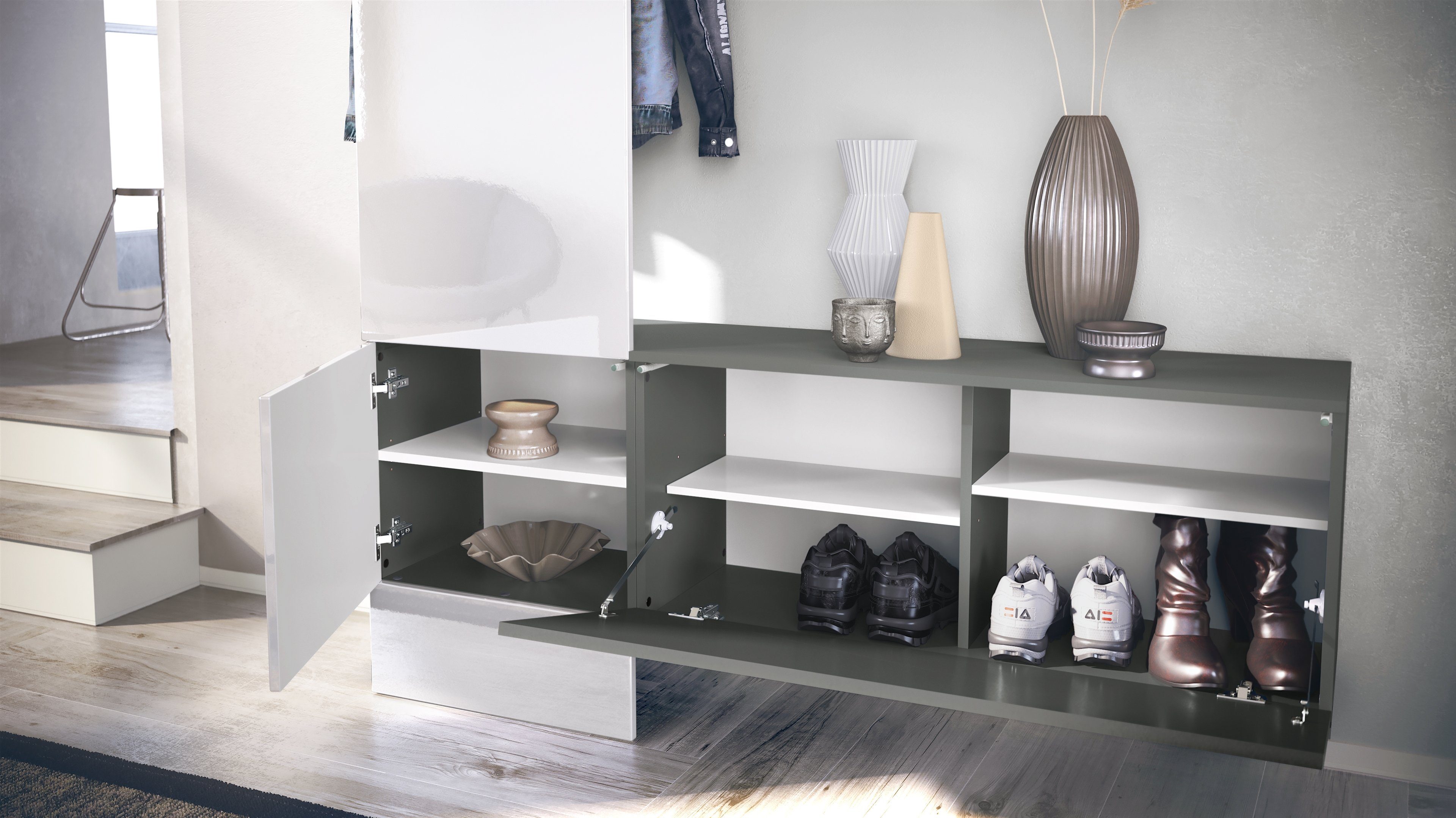 Vladon Garderoben-Set Carlton Set 4, (Wandgarderobe bestehend aus, 1 Paneel und 1 Schrankmodul), Anthrazit matt/Brombeer Hochglanz (156,5 x 193 x 35 cm)