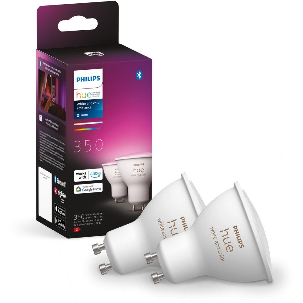 Philips Hue LED-Leuchtmittel hue White & Col. Amb. GU10 350lm LED-Reflektor Doppelpack Glühbirne, Sockel GU10