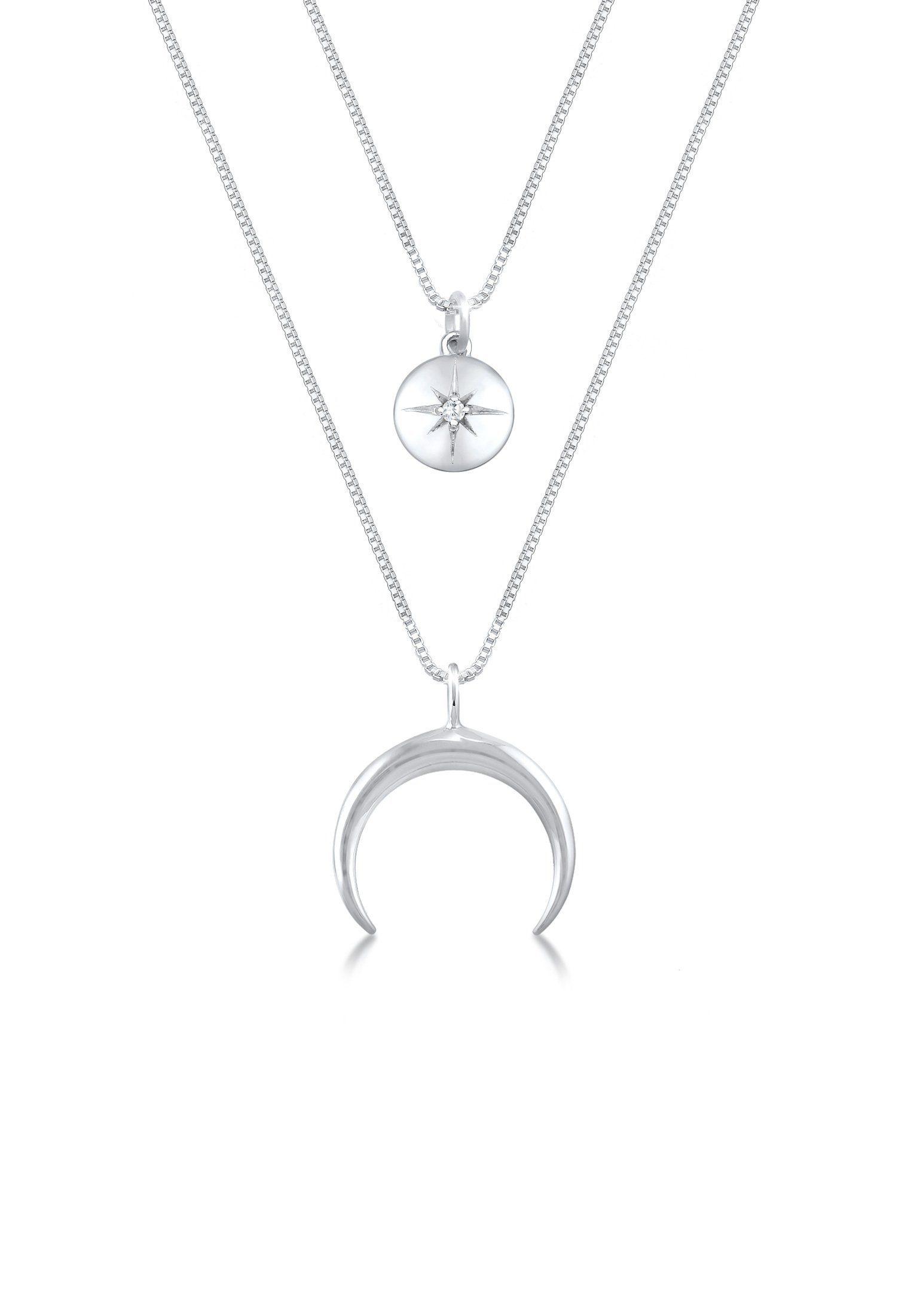 Kette mit Anhänger Layer Halbmond Stern Plättchen Zirkonia 925 Sterling Silber