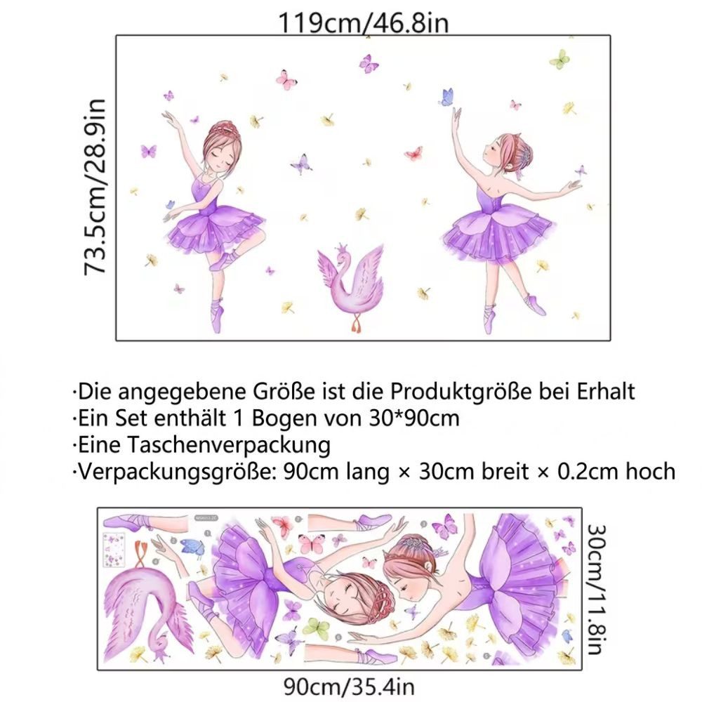 Montegoni Wandsticker Ballett Mädchen & Schmetterlinge Prinzessin Schwan (Künstlerische Wanddeko für Kinderzimmer, Mädchenzimmer Wandtattoo), selbstklebend