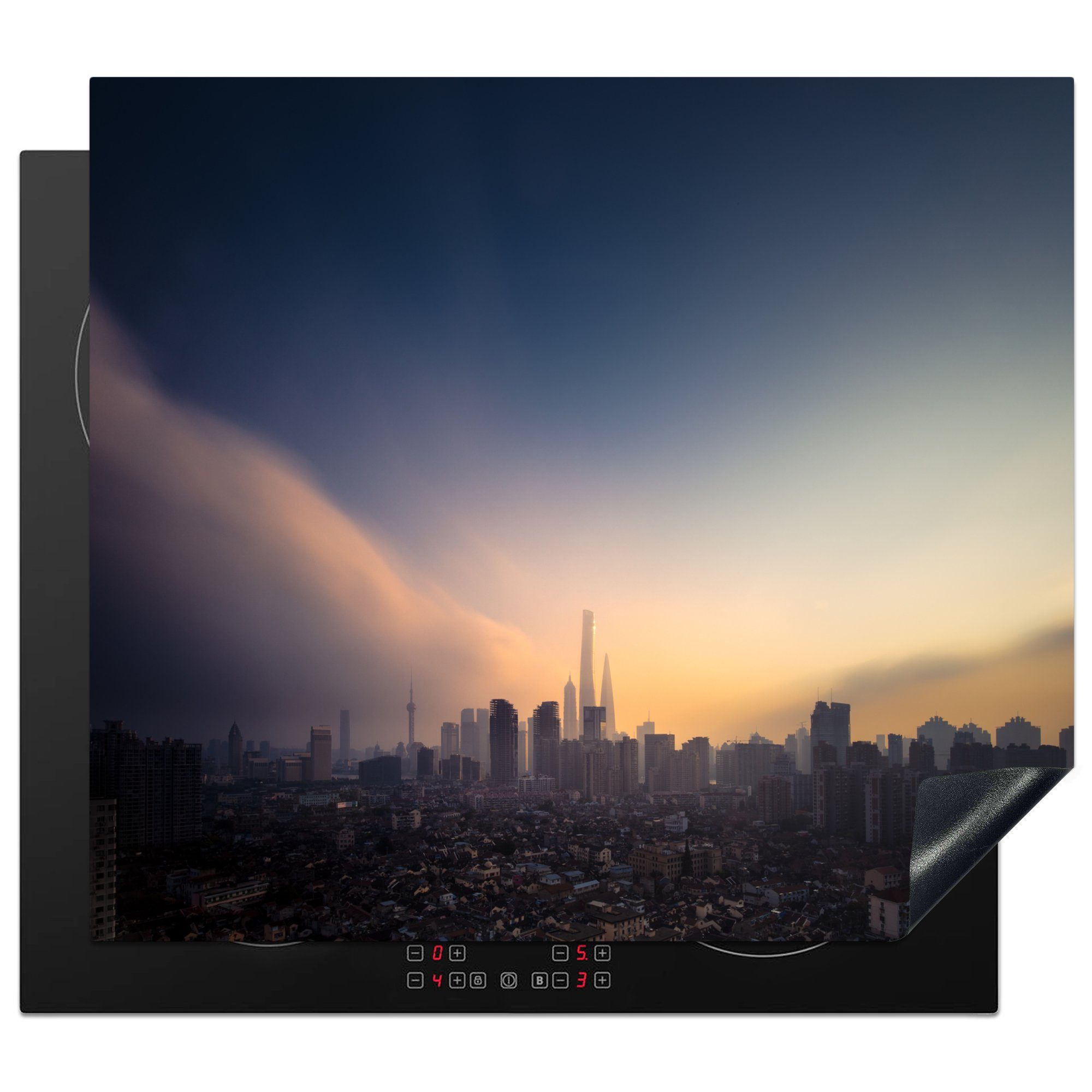 MuchoWow Herdblende-/Abdeckplatte Skyline - Nebel - Shanghai, Vinyl, (1 tlg), 60x52 cm, Mobile Arbeitsfläche nutzbar, Ceranfeldabdeckung