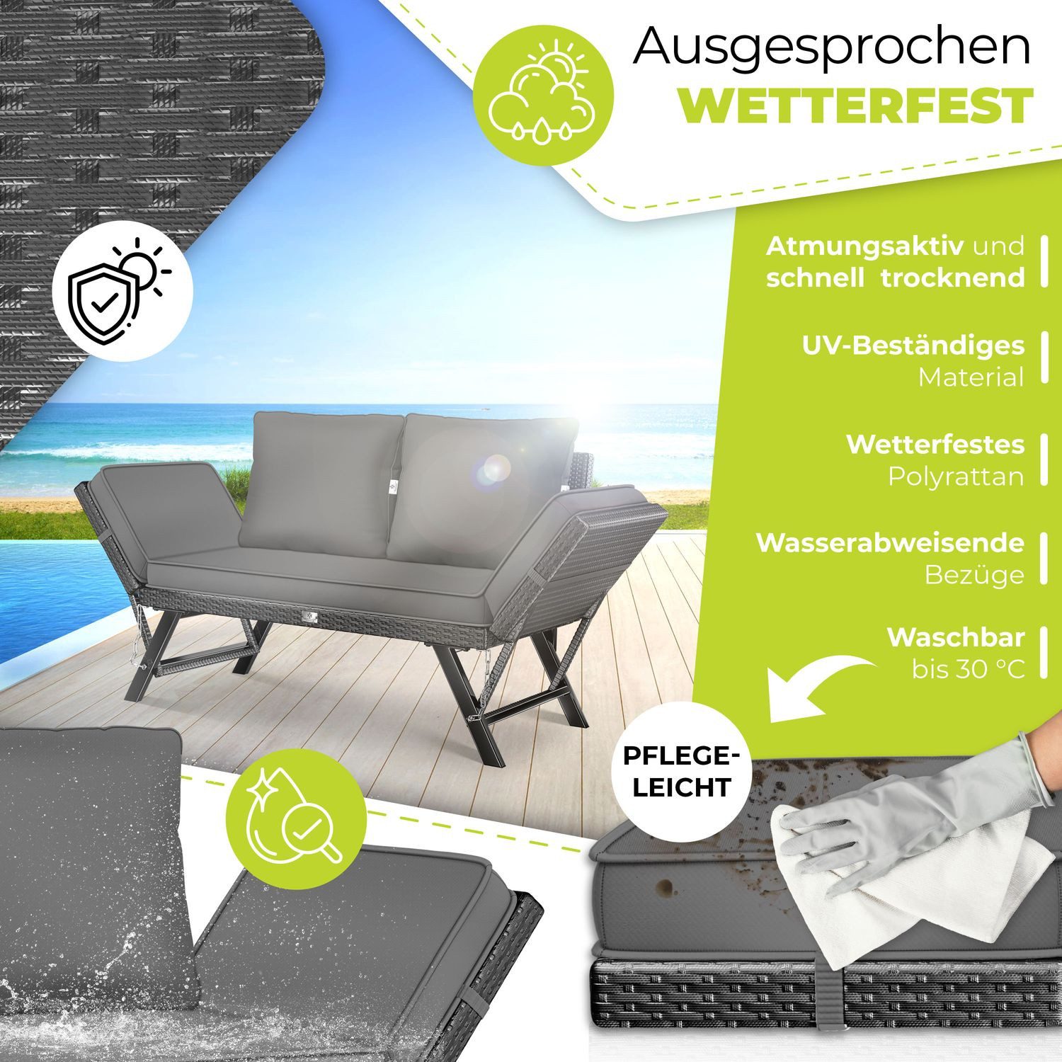 KESSER Gartenbank Polyrattan Gartensofa 4-in-1 mit Liegefunktion & Verstell-Funktion (Gartencouch mit Sitzkissen & Rückenkissen Extra Dicke & Weiche Polster), Balkon-Sofa Wetterfest für Garten, Balkon & Terrasse
