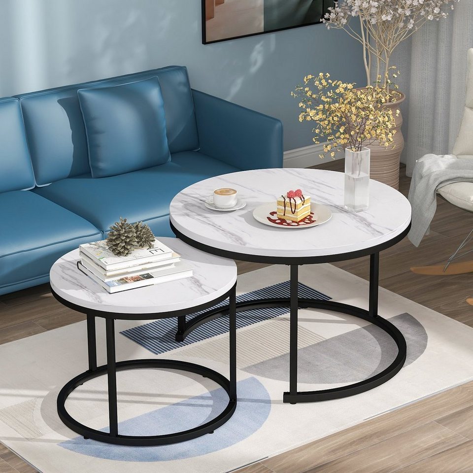Ulife Couchtisch 2-in-1 runder Beistelltisch mit 2 Schubladen (2-St), Stapelbar, Weiß, Marmormuster