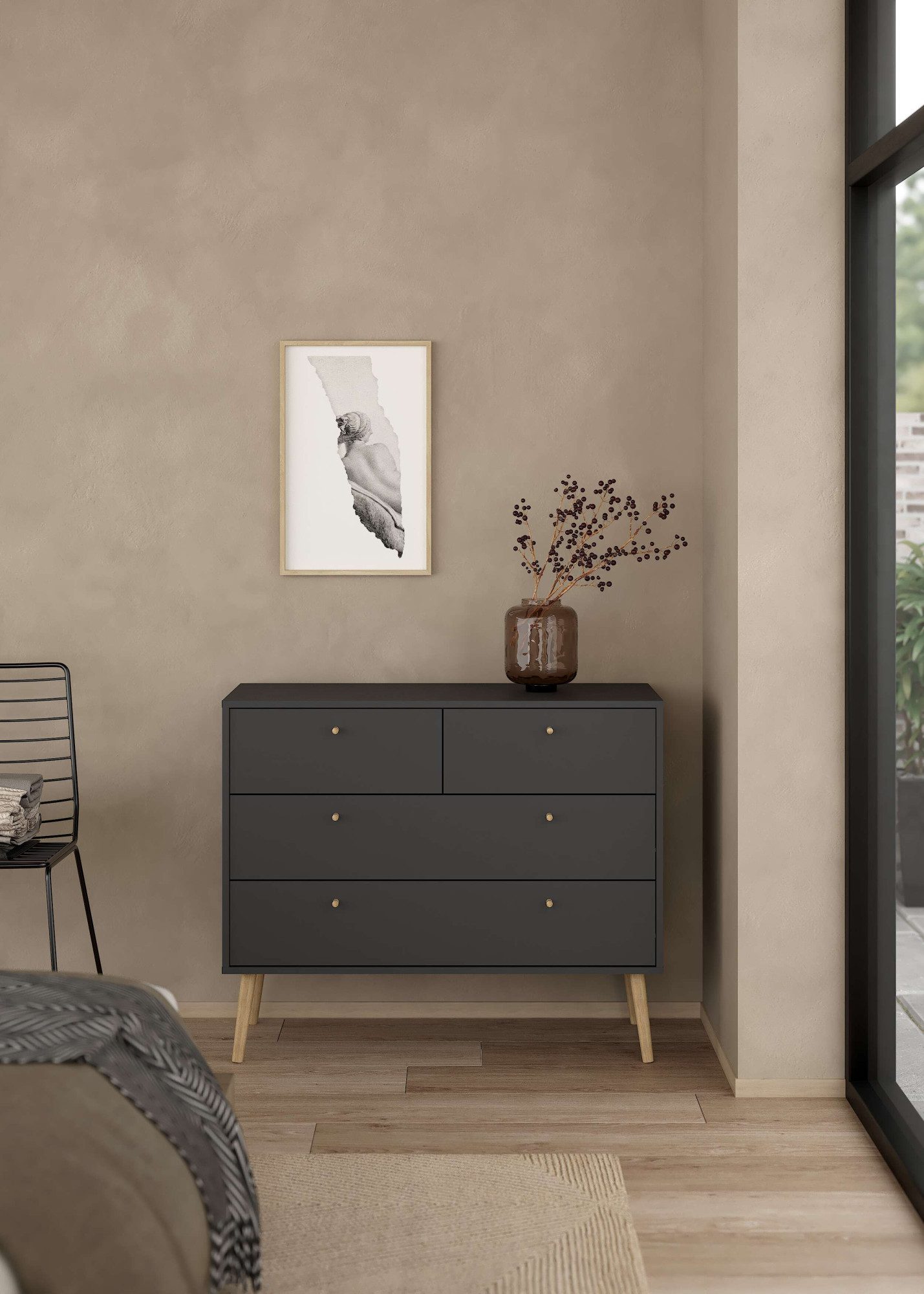 Home affaire Kommode Bodo, Aufbewahrung, Schubladenschrank, Stauraum, modern, Breite 99 cm, 4 Schubladen, Weiß oder Schwarz, Beine und Griffe aus Echtholz