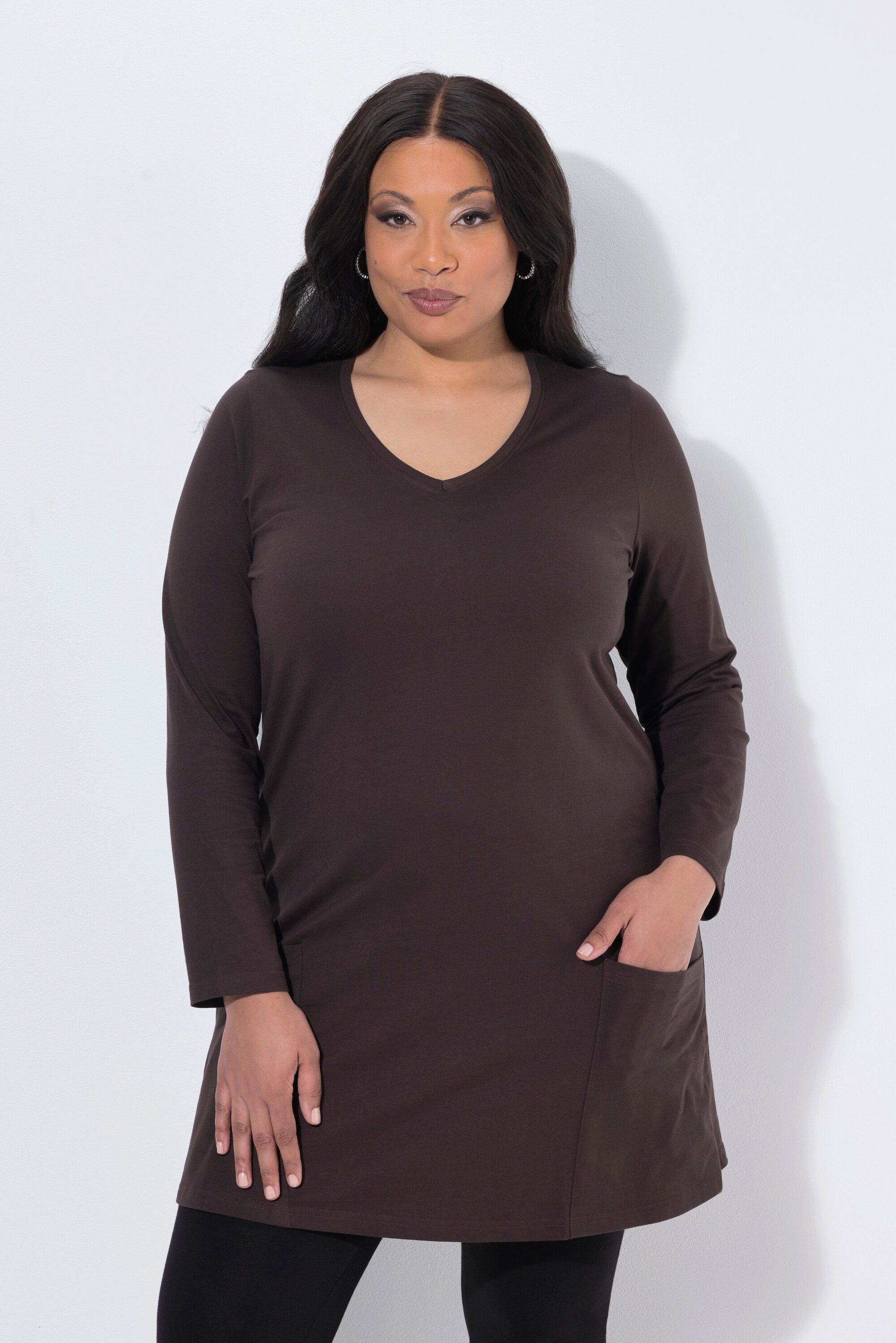 Ulla Popken Longshirt Longshirt Taschen A-Linie V-Ausschnitt Langarm