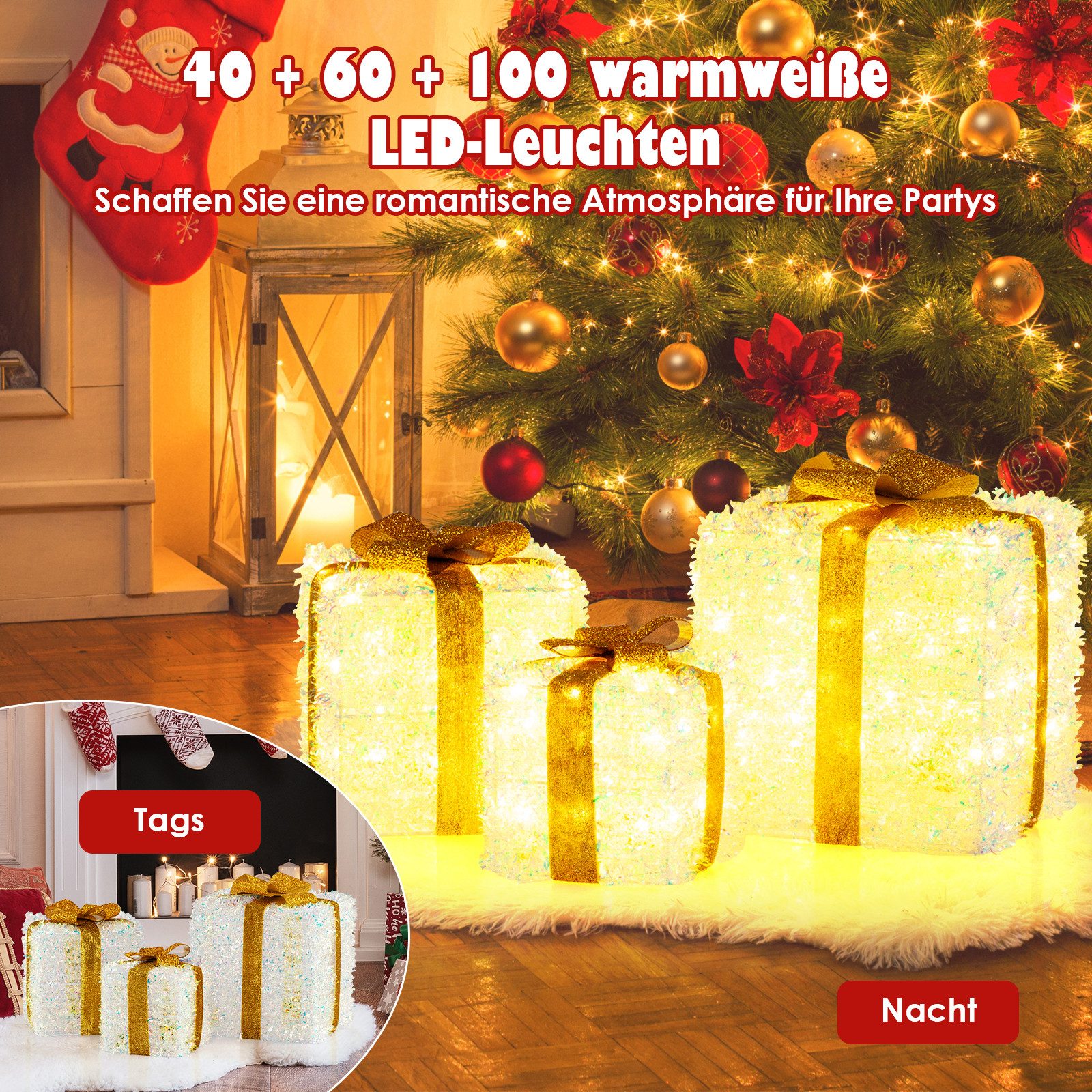 COSTWAY Weihnachtsfigur, 3er Set LED Geschenkbox, Weihnachtsdeko, Dekobox günstig online kaufen