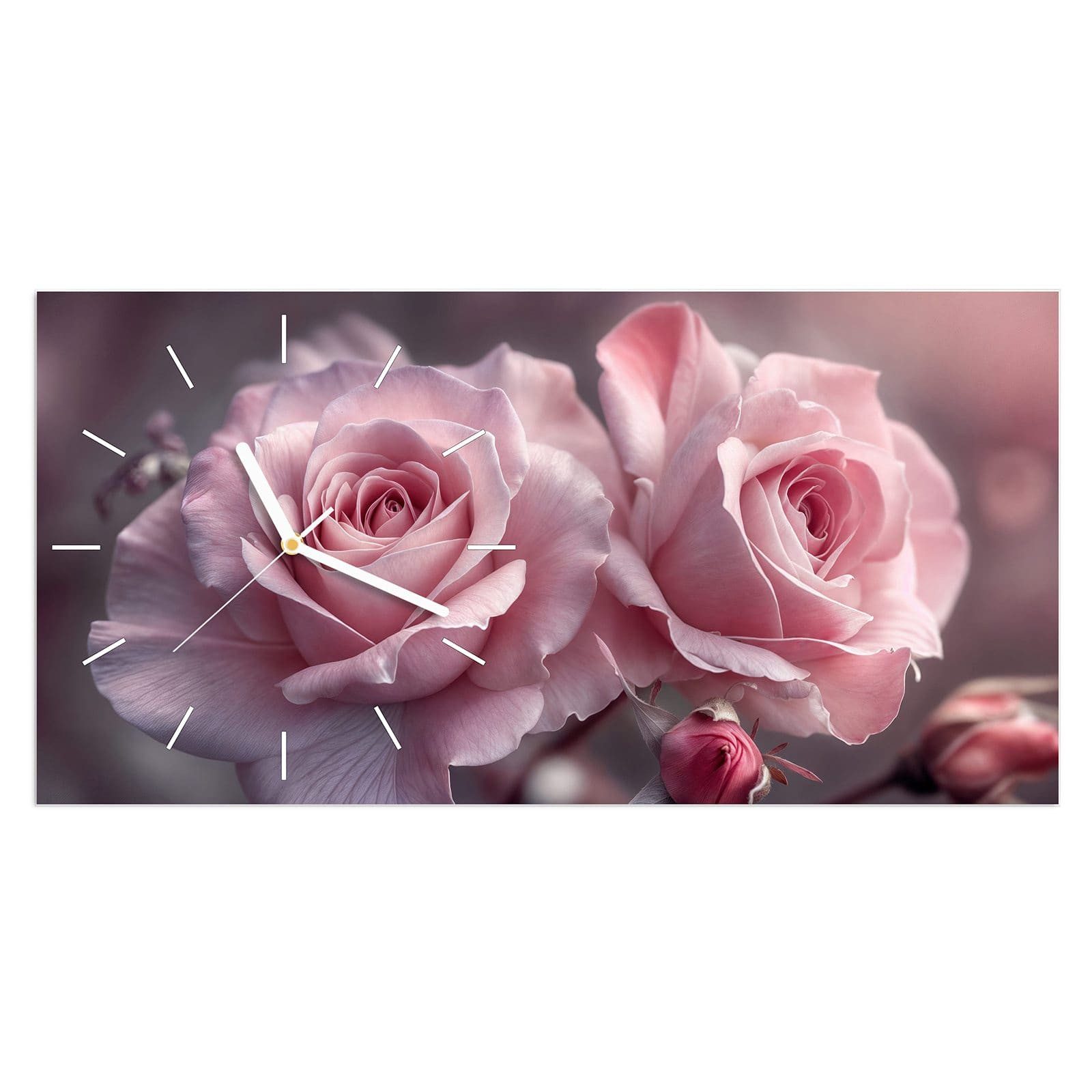Wanduhr Glasuhr Wandkunst Größe 60 x 30 cm mit Motiv Romantische Rosen