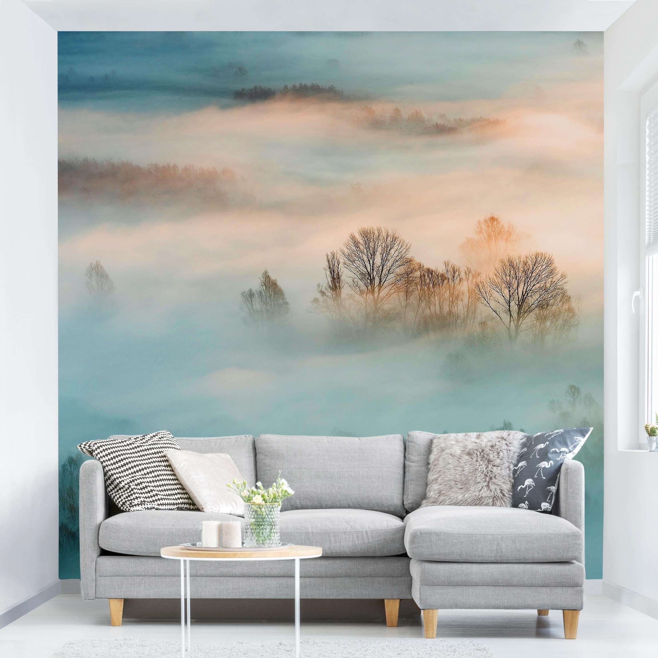Bilderdepot24 Fototapete Wald Nebel Sonnenaufgang Natur Landschaft Waldtapete Bäume, Glatt, Matt, (Vliestapete inkl. Kleister oder selbstklebend), Wohnzimmer Schlafzimmer Küche Flur Motivtapete Vliestapete Wandtapete
