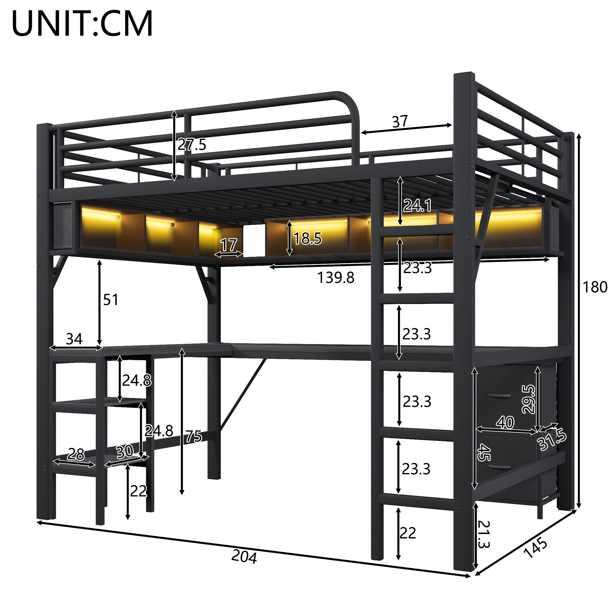 Merax Hochbett 140x200cm Metallbett mit LED-Beleuchtung & USB-Anschluss (1-St., Jugendbett Stockbett Einzelbett) Kinderbett mit Schreibtisch Bücherregal Ablagefächern Stauraum Leiter
