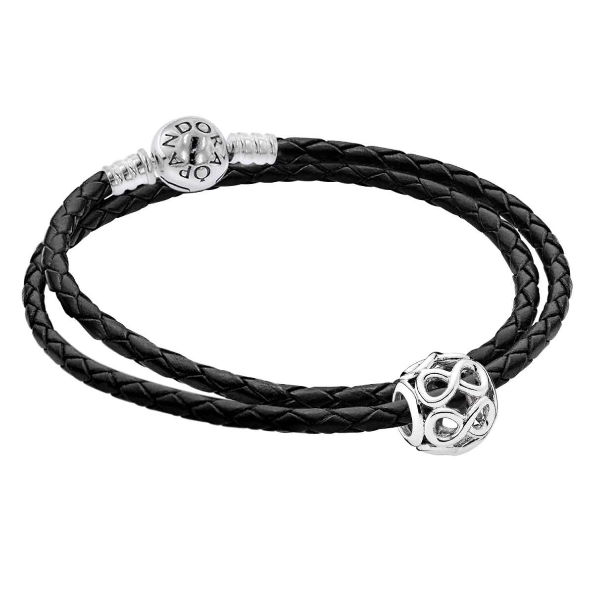 Pandora Silberarmband 51523, für Damen-Lederarmband im Set mit Charm Unendlichkeit