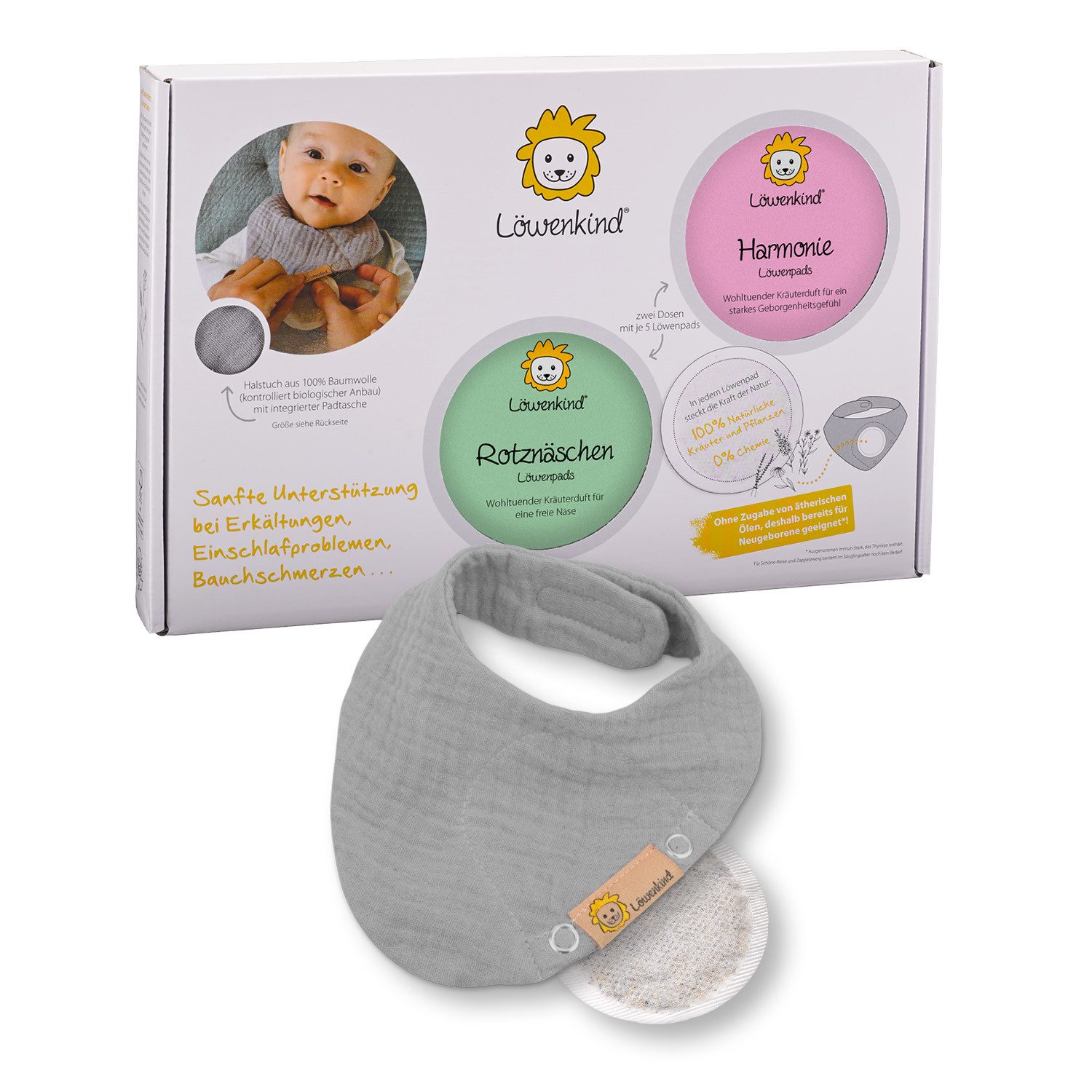 Babypflege-Set Einsteigerbox mit Halstuch, Rotznäschen- und Harmonie-Pads