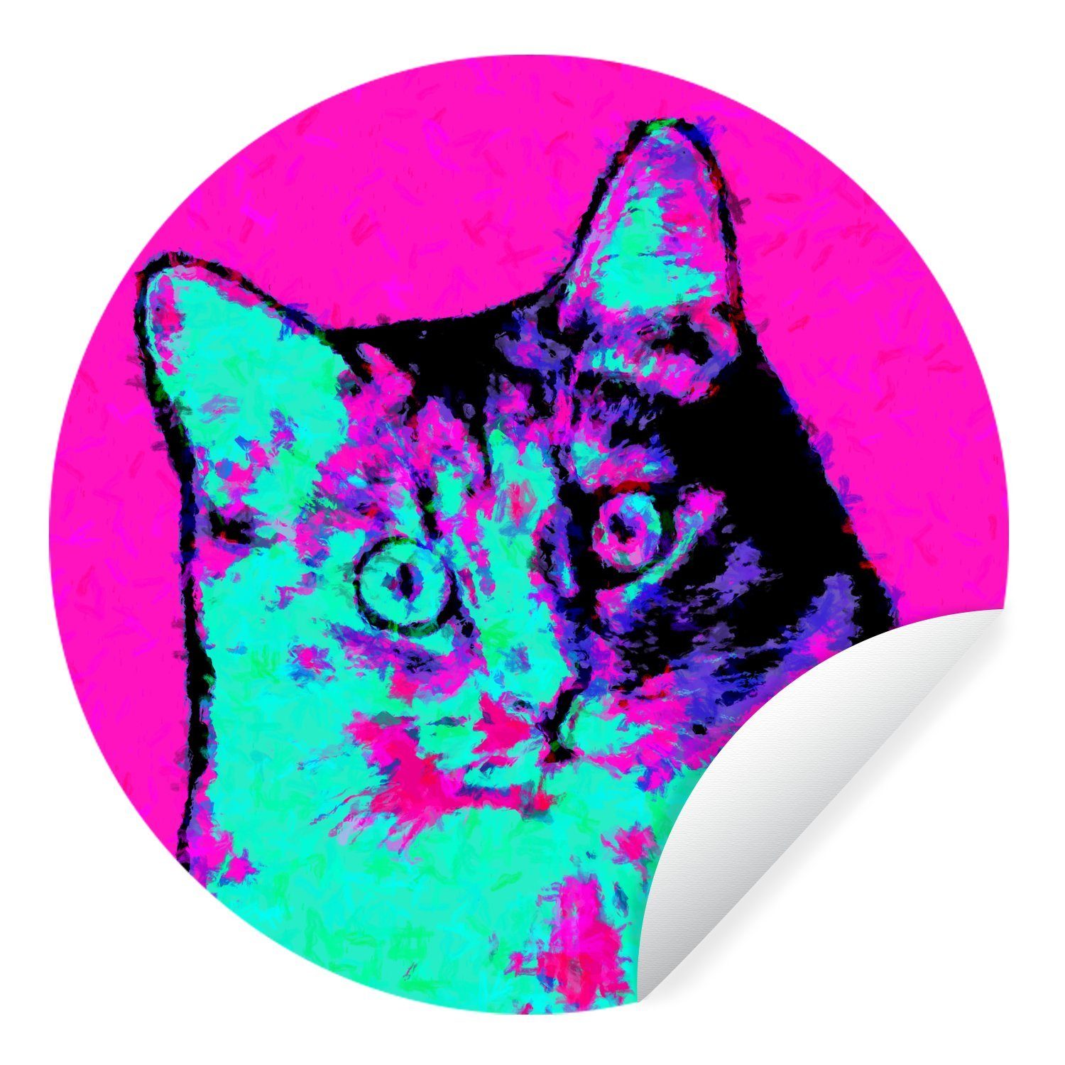 MuchoWow Wandsticker Farbige Pop-Art-Katze (1 St), Tapetenkreis für Kinderzimmer, Tapetenaufkleber, Rund, Wohnzimmer