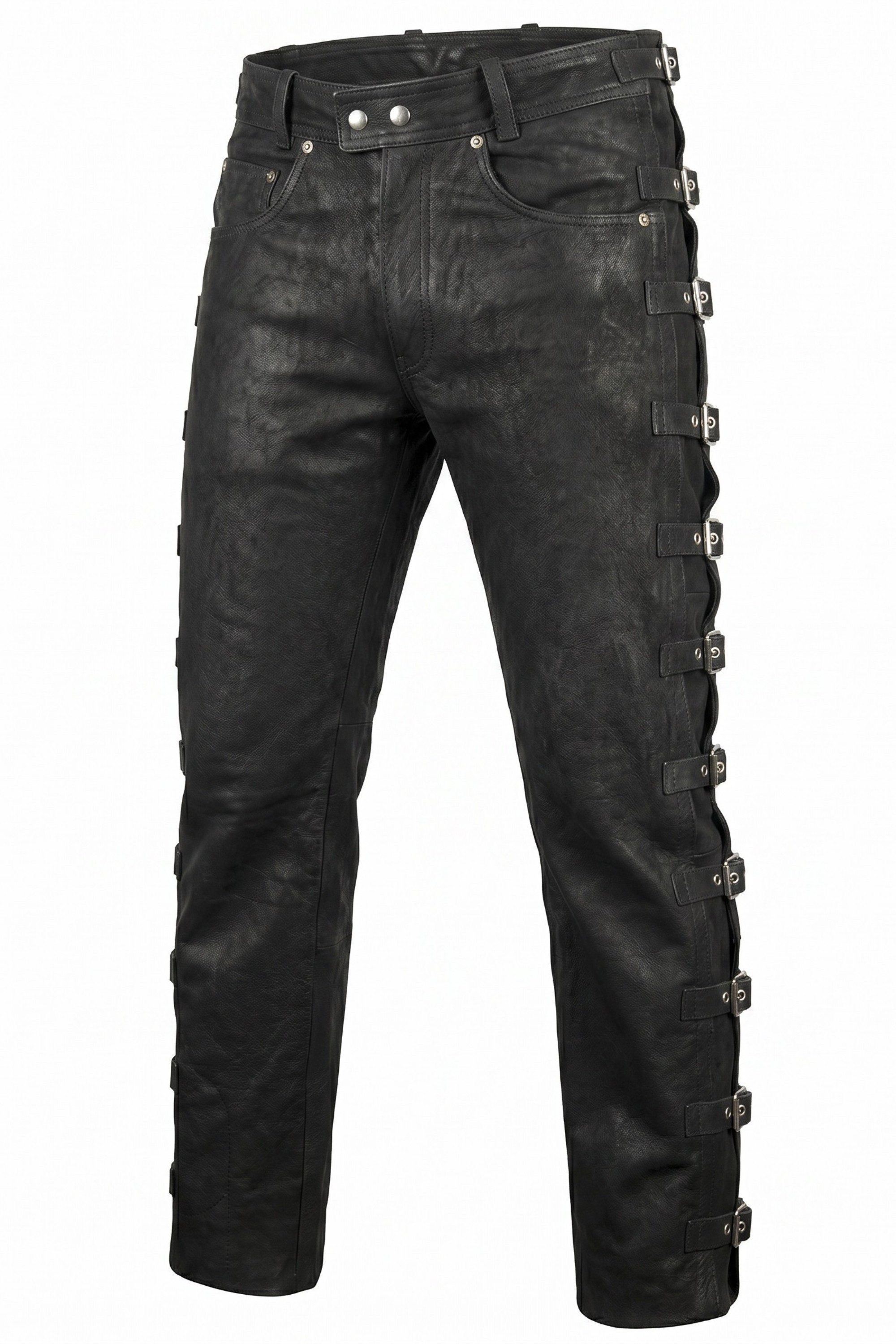 MDM Lederhose Schnallen Lederhose Herren Bikerjeans aus Büffel Nubuk Leder Schwarz (Herren Biker Lederhose aus Büffel Nubuk Leder mit Schnallen) aus Büffel Nubuk Leder mit verstellbarer Seitenweite