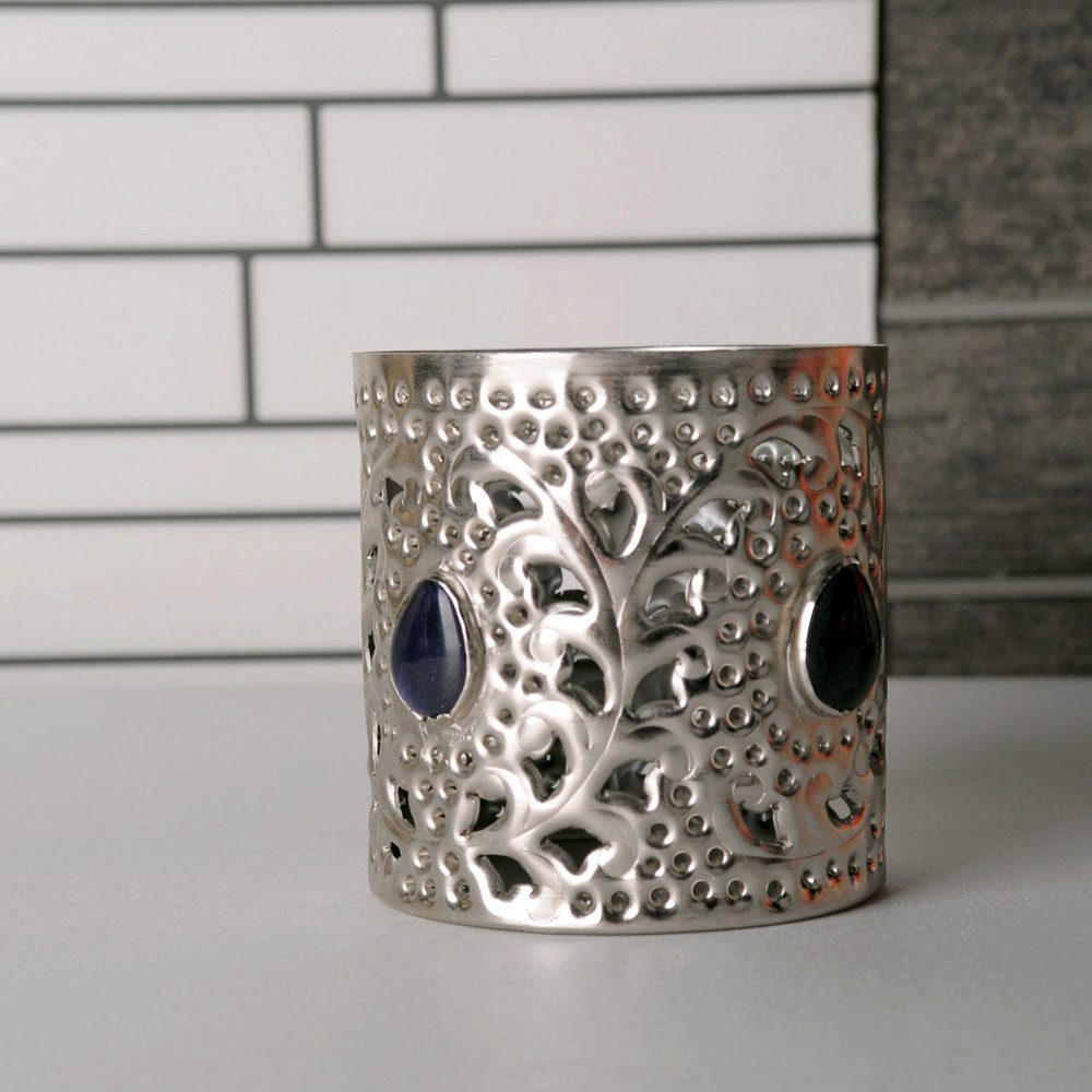 Dirk Davids Leuchten GmbH Windlicht Windlicht Marrakesch Metall Chrom Poliert mit Glasstein in Blau