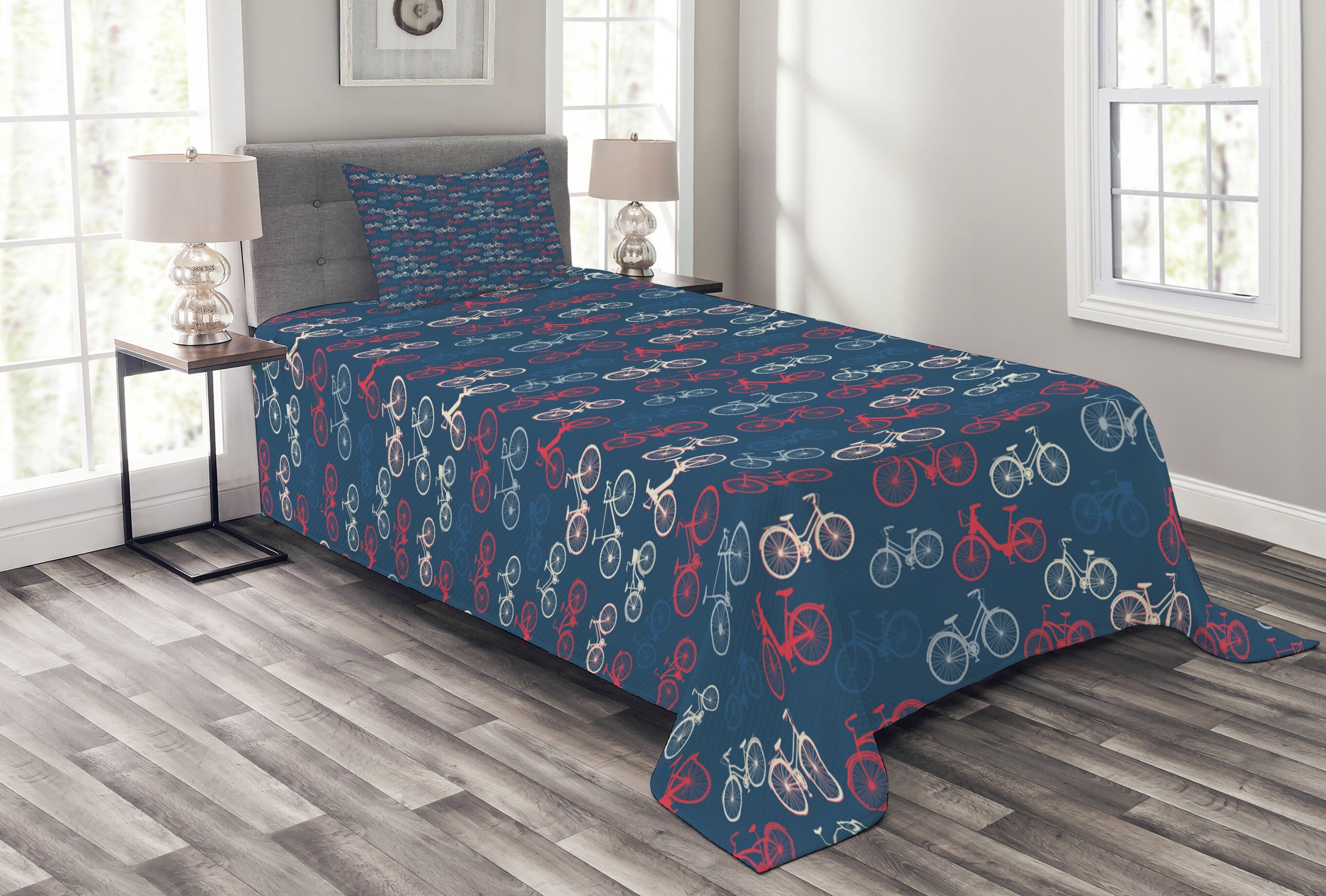 Tagesdecke Set mit Kissenbezügen Waschbar, Abakuhaus, Fahrrad Bike Sketch auf Blau