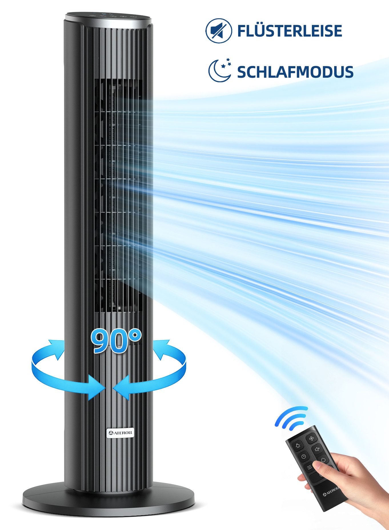 ATEROLL Turmventilator Ventilator leise 90° Oszillation,4 Geschwindigkeiten,3 Modi,12H Timer, Standventilator mit Fernbedienung,Memory-Funktion für Zimmer,Büro